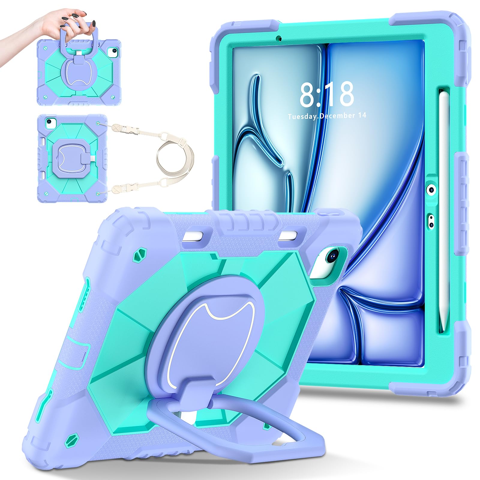 Custodia antiurto compatibile con iPad Air 11 pollici M3 2025/Air 11 M2 2024, supporto integrato resistente, custodia in silicone anti-goccia per bambini con cavalletto + tracolla (viola)