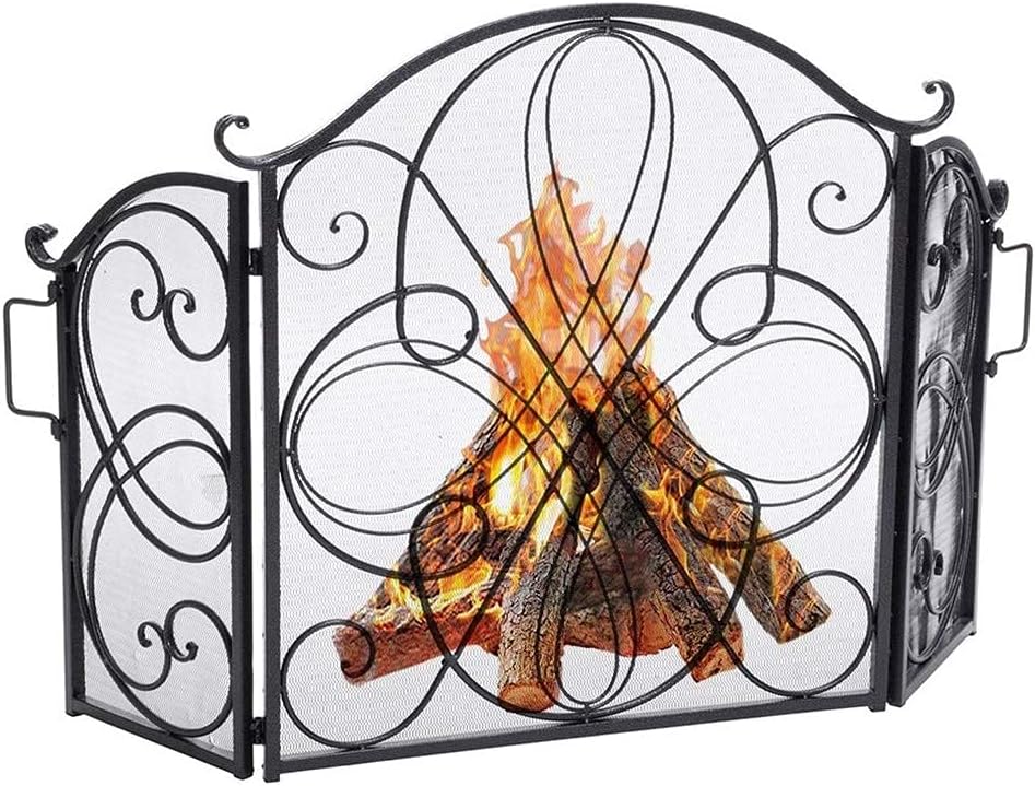 Fireplace Screen Guard, FireplaceProtection Extra Large 3-Panel Fire Screen Mesh， Black Wrought Iron SolidGuard Baby Safe Proof， for Ember Flame Stove， 52×33.5inch (Color : Bla