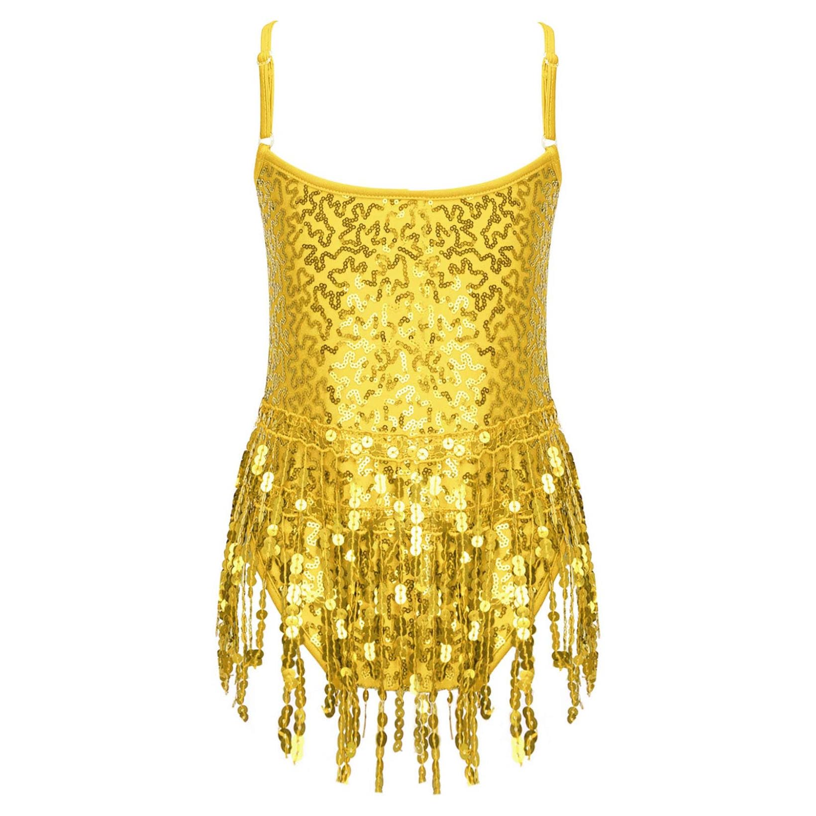 JanJean Youth Girls Dancewear Costume Outfit Sleeveless Sequins Tassel Skirt Latin Ballet Salsa Tango Performance Dress Yellow Short 10 Years