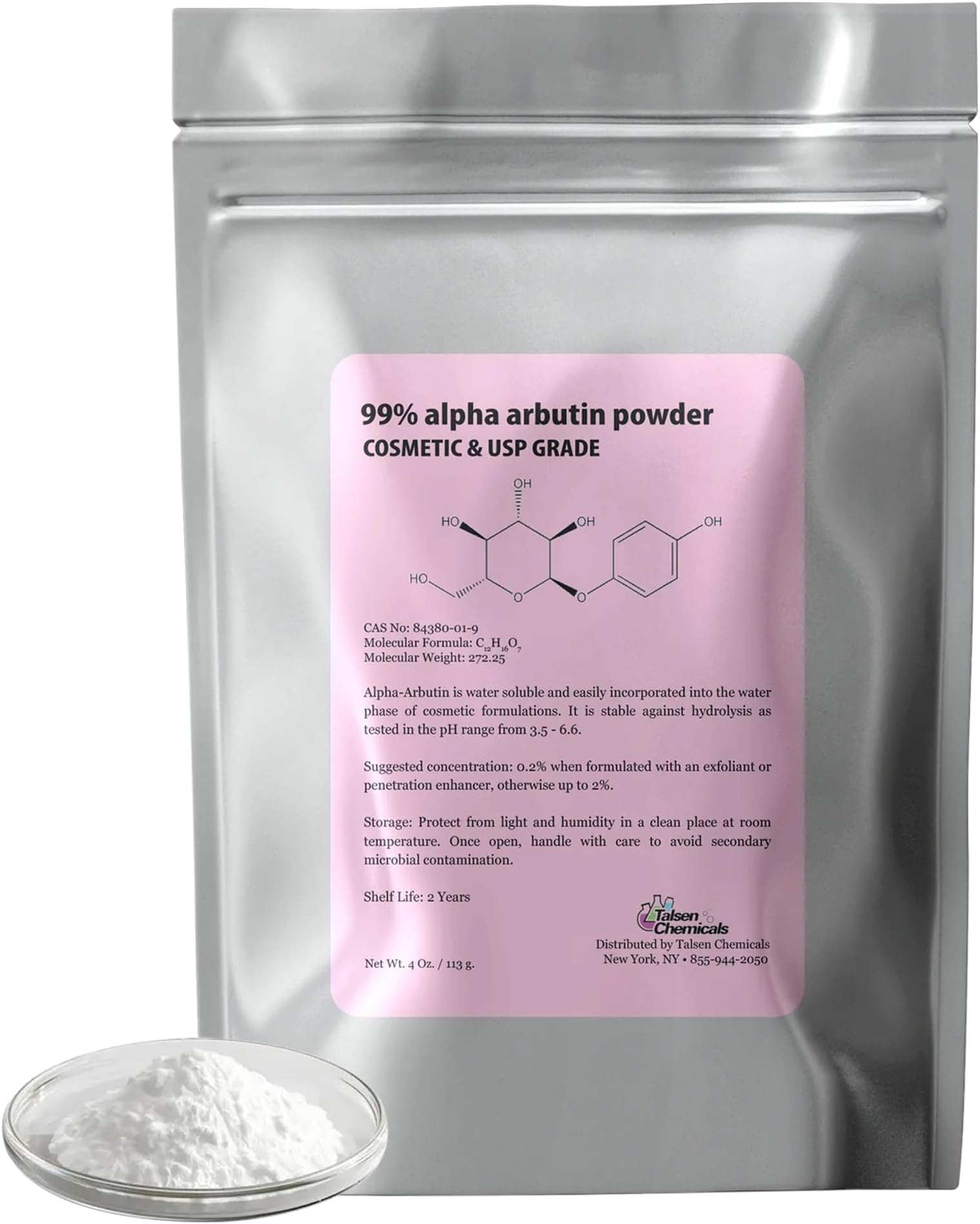 Pure Alpha-Arbutin Powder Snow White Powder DIY,99% Pure DIY USP Grade. (4 Oz. / 113 Grams)