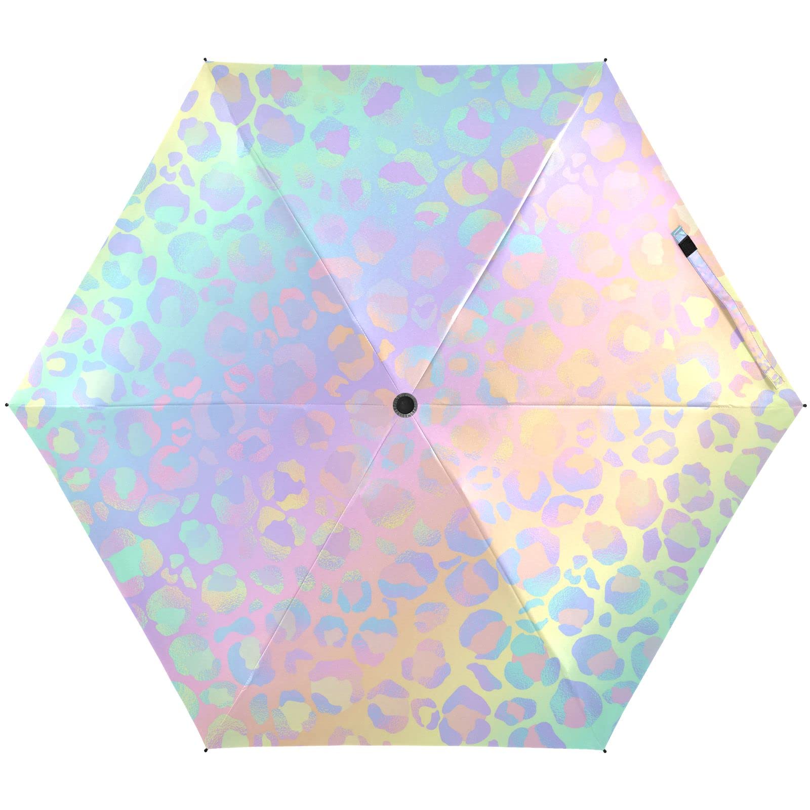 ALAZA Paraguas plegable con estampado de leopardo arcoíris y guepardo de oro rosa para lluvia, sol, viajes, mini paraguas compactos ligeros