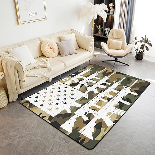 Miniatura 12 de jejeloiu Tapete de interior con bandera americana, 5 x 7 pies, ametralladoras, alfombra decorativa militar para sala de estar rojo, azul, negro (Red