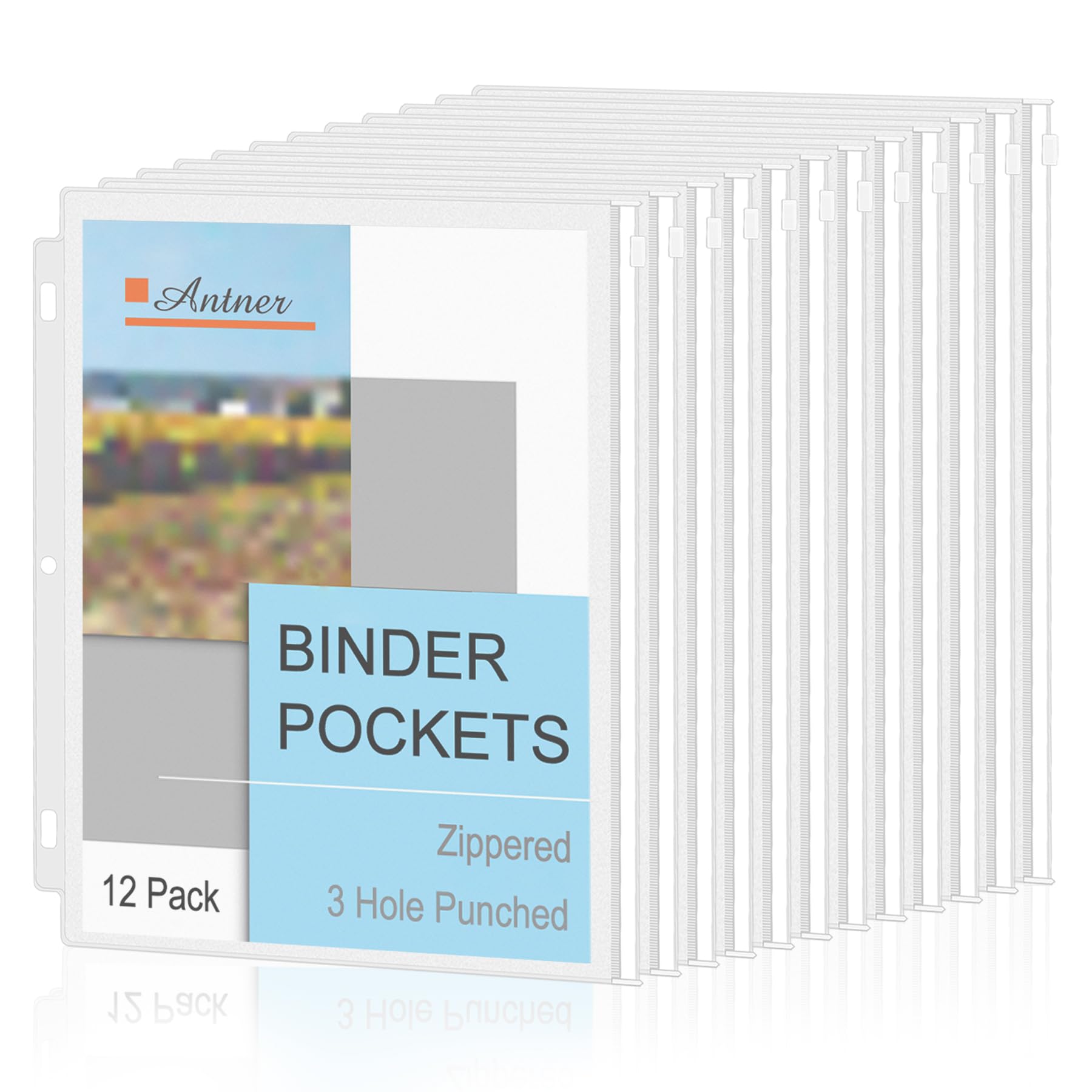 Antner 12 Pack Letter Size Binder Pockets 3 Holes Zipper Binder Folders for 3-Ring Binder, Clear PVC Loose Leaf Bag Binder Pouch Insert Pages Sheet Protectors Waterproof Document Filling Storage Bags