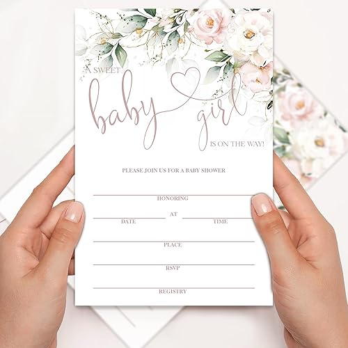 Miniatura 3 de Invitaciones de baby shower para niñas, Sweet Girl is On The Way Baby Shower, suministros de decoración de invitaciones de fiesta floral, tarjetas