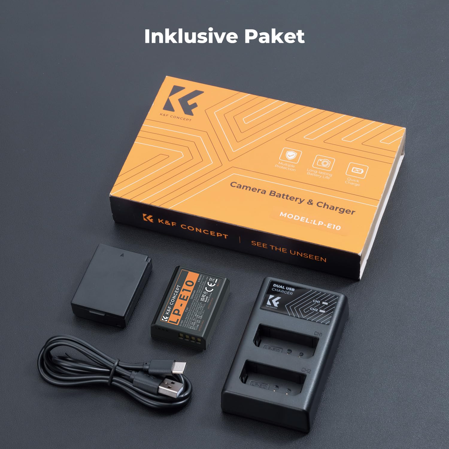 K&F CONCEPT LP-E10 Akku mit Dual-Slot-Ladegerät, Ersatzakku(2×12000mAh) kompatibel mit Canon 1100D, 1200D, 1300D, 1500D, 2000D, 3000D, EOS Kiss X50, X70, X80, X90, Rebel T3, T5, T6, T100