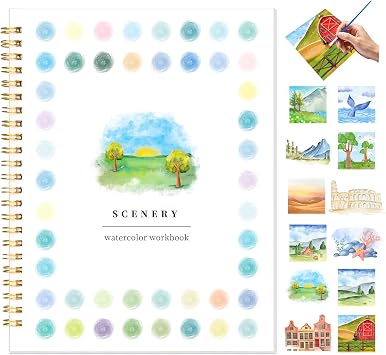 Watercolor Workbook for Adults, Beginner Friendly Water Coloring Book 12 Different Scenery Patterns Sketch Illustration Water Color Painting Book for Art Practice Gift
