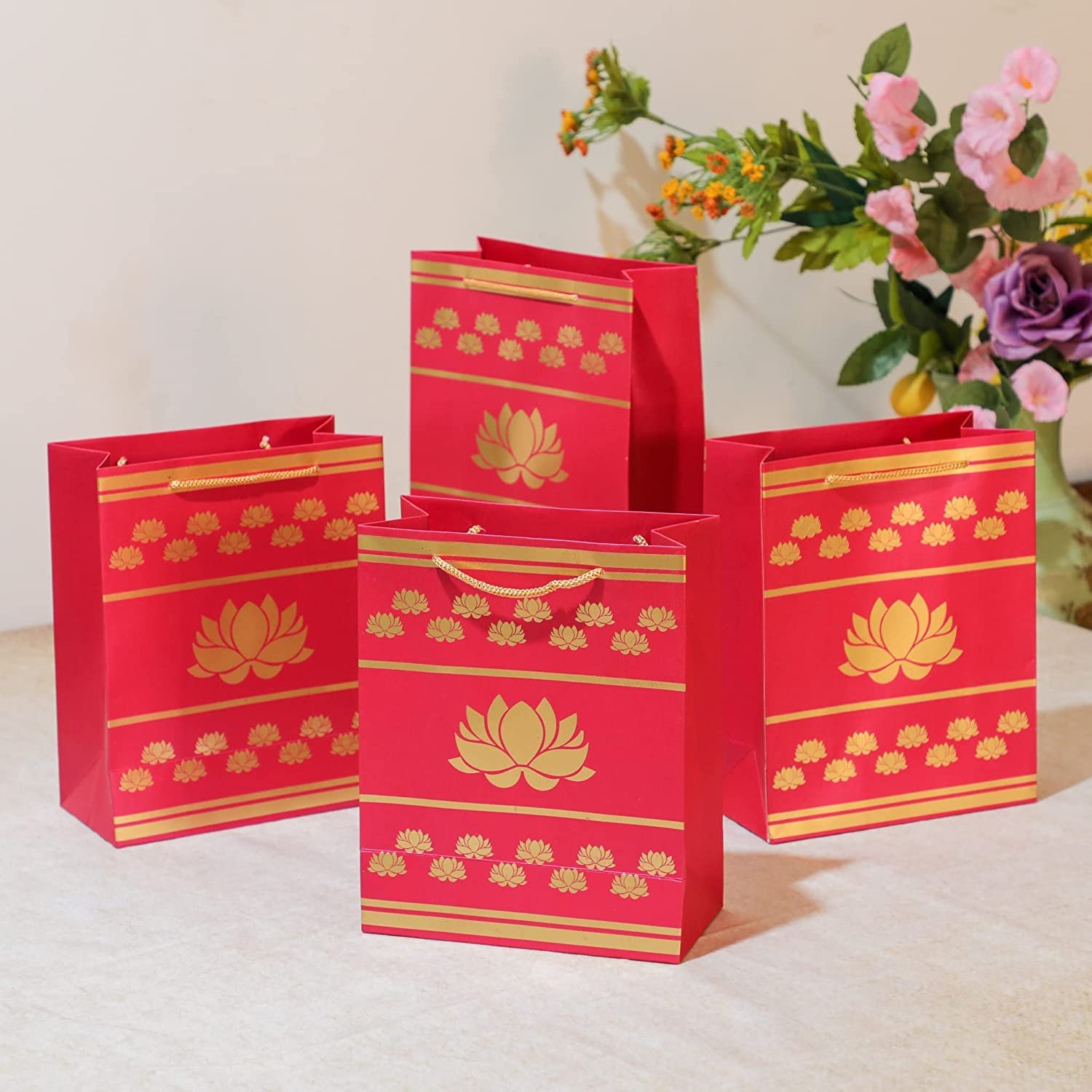 Pink Lotus Printed Indian Gifts bags, Party favor bags, goodie bags, small paper for Diwali gifts, pooja favors, Housewarming gifts, wedding return -
