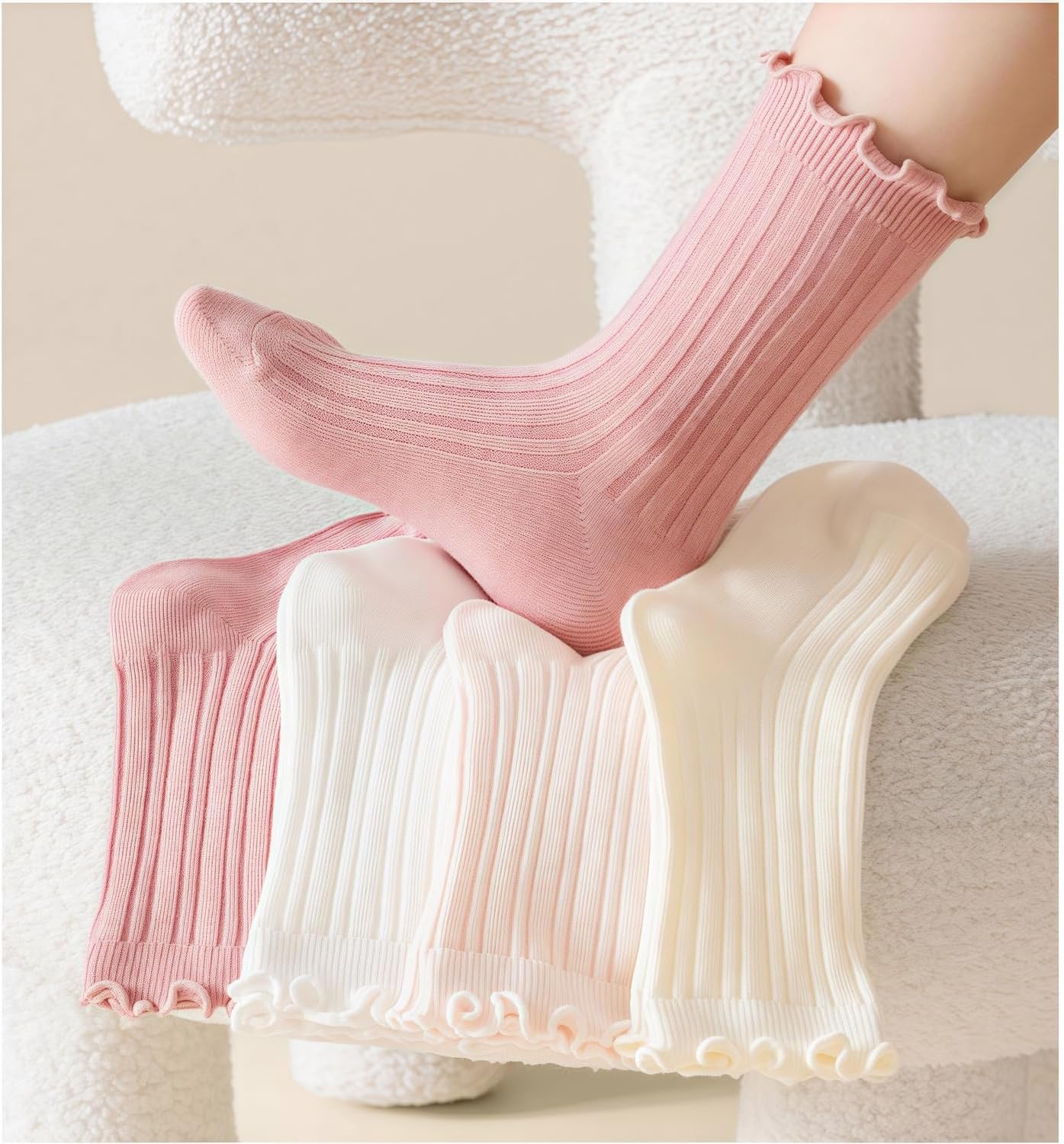 Girls Ruffle Crew Socks 4-Pack | Frilly Turn-Cuff Soft Cotton Socks for Toddler Kids 3-12 Years - Image 2