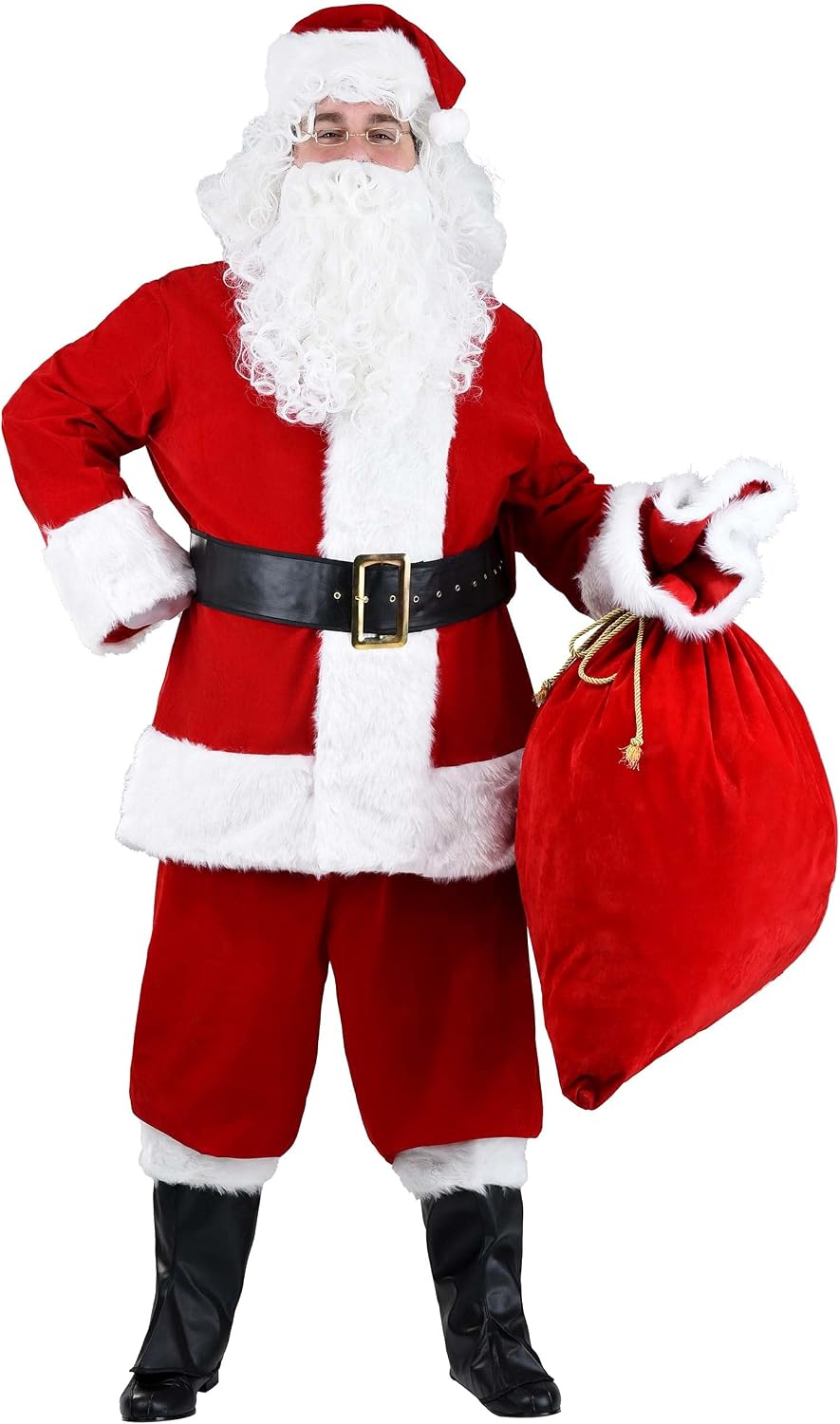 Adult Plus Size Premiere Santa Suit Costume with Faux Fur Trim, Jacket, Pants, Hat, Belt, Gloves, and Boot Tops