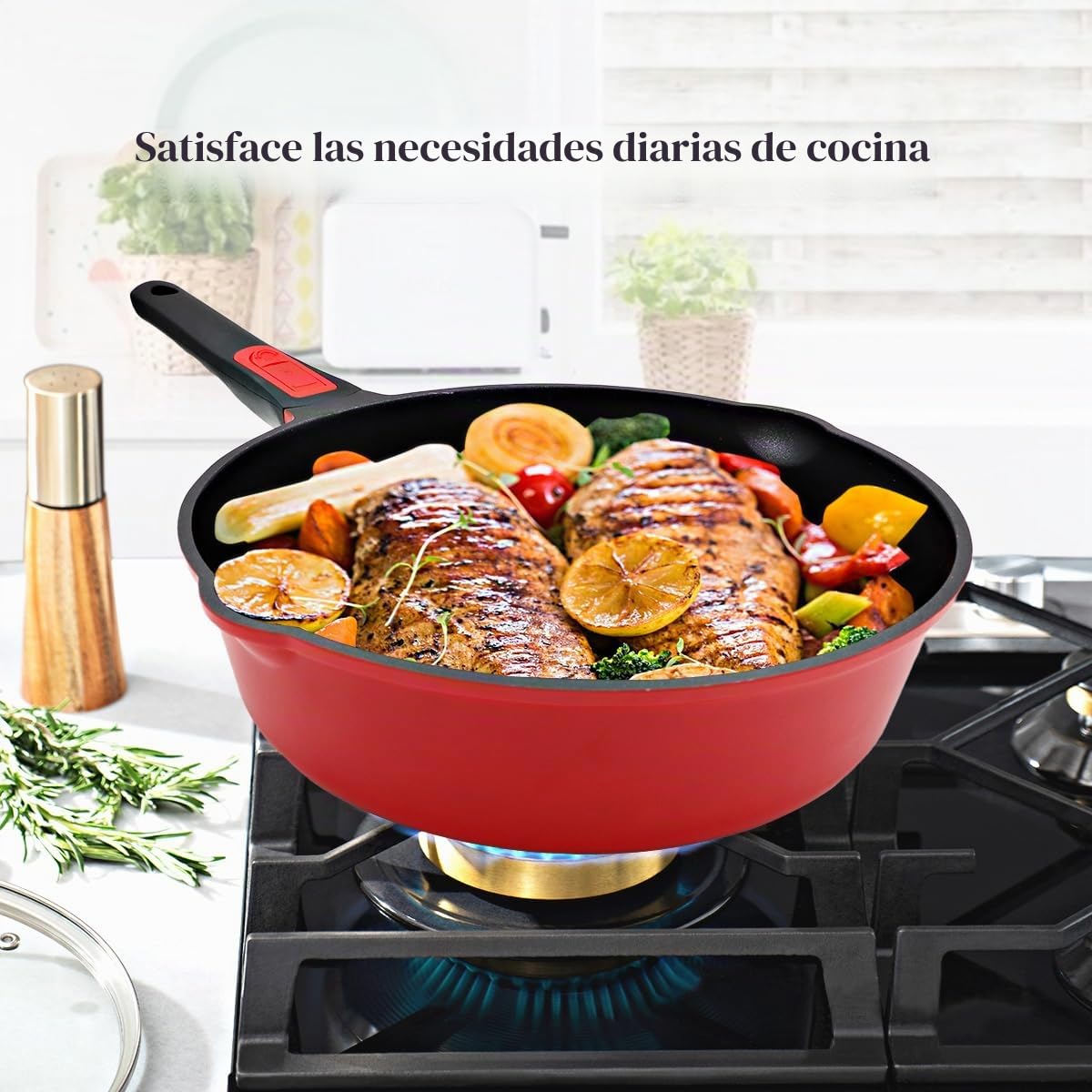 Sartén de 28 cm, juego de 4 piezas Sartén antiadherente (sartén con tapa, cesta vaporera/colador, espátula de silicona), con mango extraíble, apta para horno (Rojo-negro) | Mango desmontable, apto para todas las estufas, incluyendo inducción, sin PTFE, PF