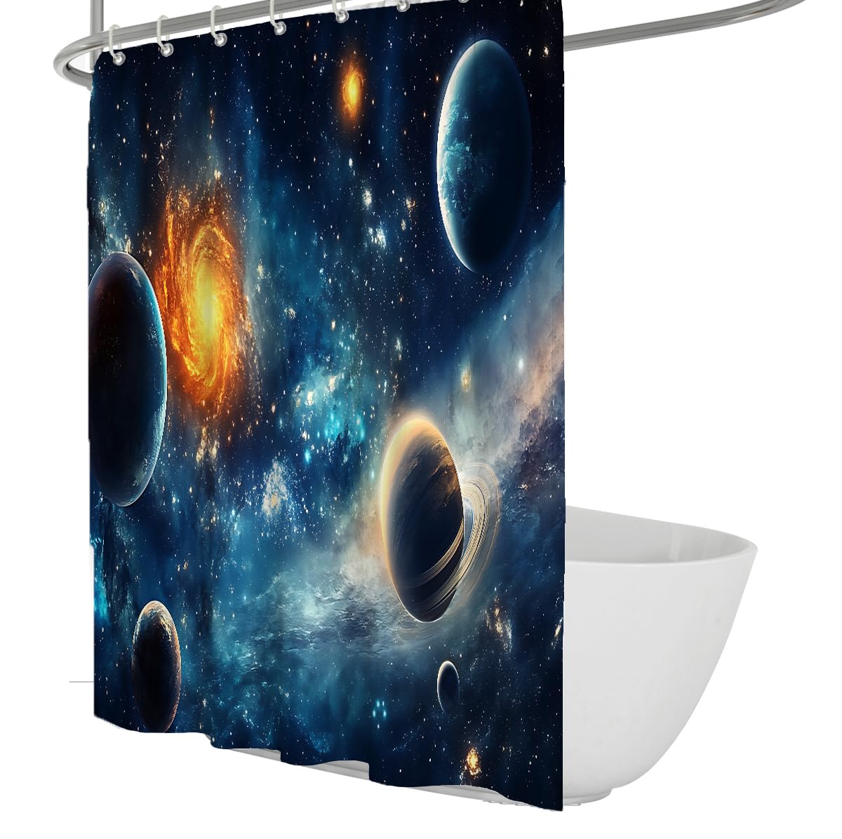 OLLIAR Home Starry Night Sky Shower Curtain 180x180 Outer Space Universe Planet Bathroom Shower Curtains for Boys Bathroom Decor Waterproof Fabric with Hooks Blue