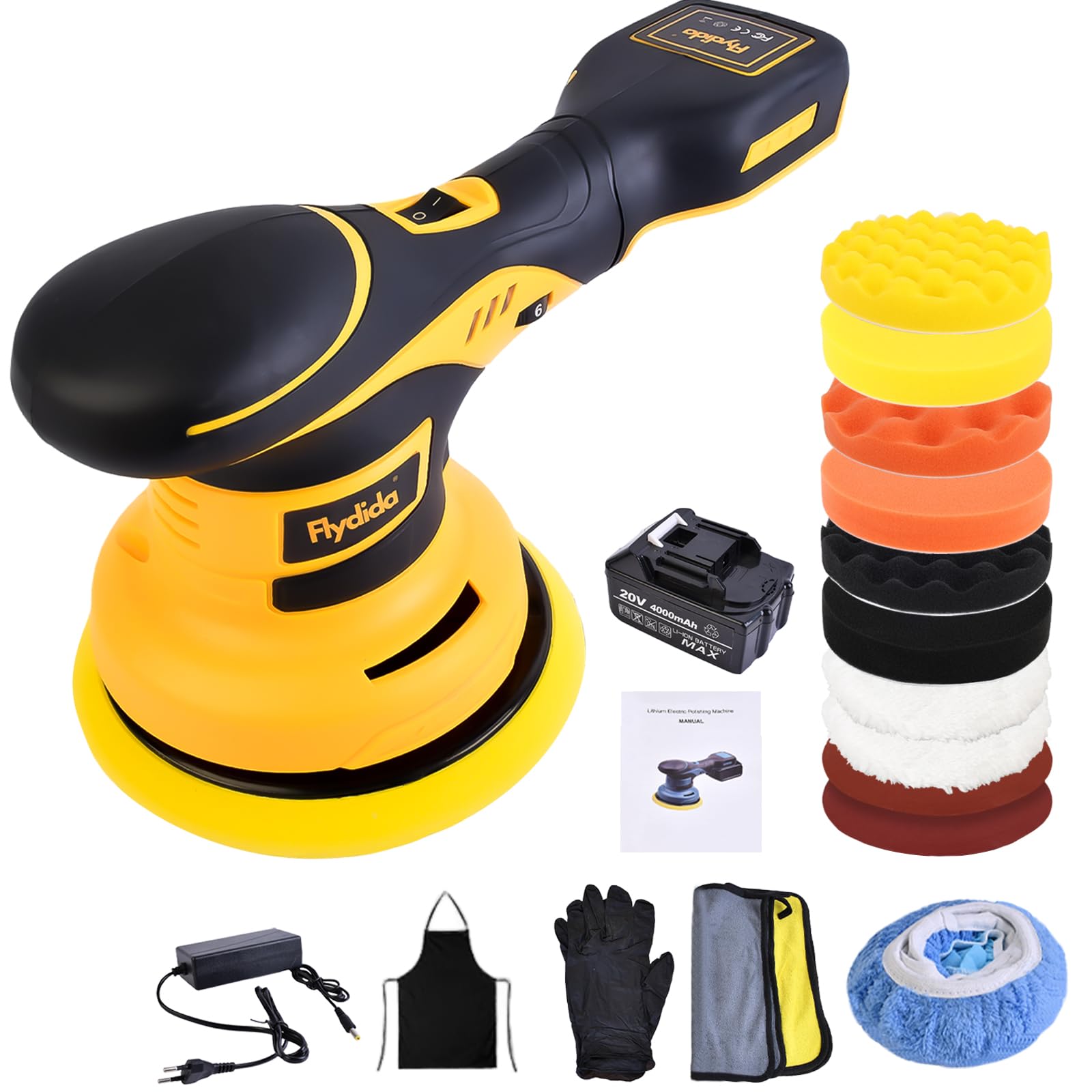 Polishing Schnurlose, Poliermaschine Auto Akku mit 1 Stück 20V 4000mAh, 6 Variable Geschwindigkeit Auto Politur Set, 2500-5000RPM, 20-teiligem Polierset für die Auto-Detailpflege und Kratzerentfernung