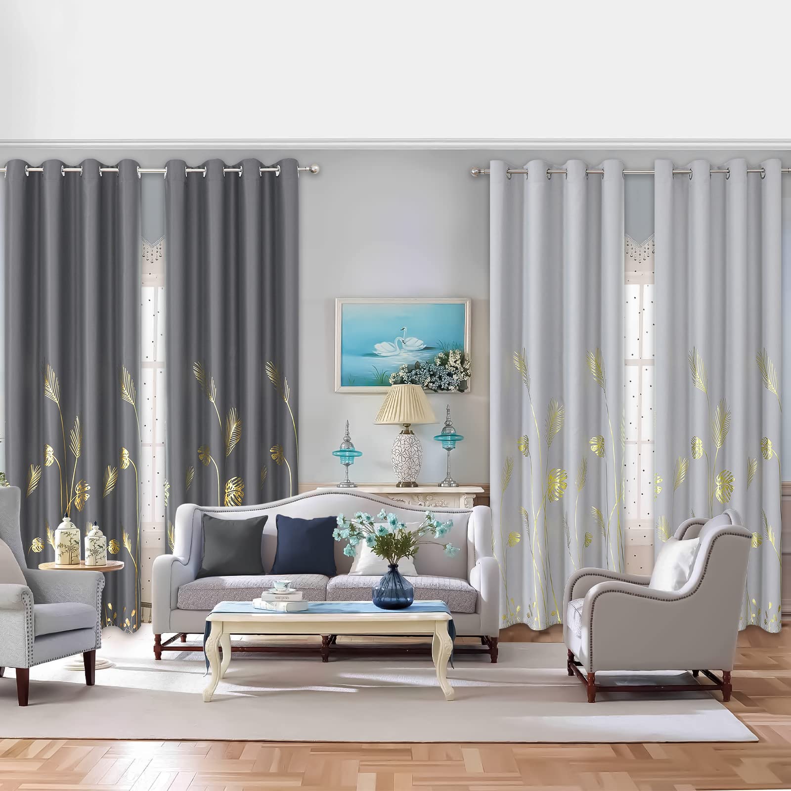 Estelar TextilerGold Palm Leaf Print Dark Grey & Light Grey Blackout Curtains, 52Wx84L, 4 Panels