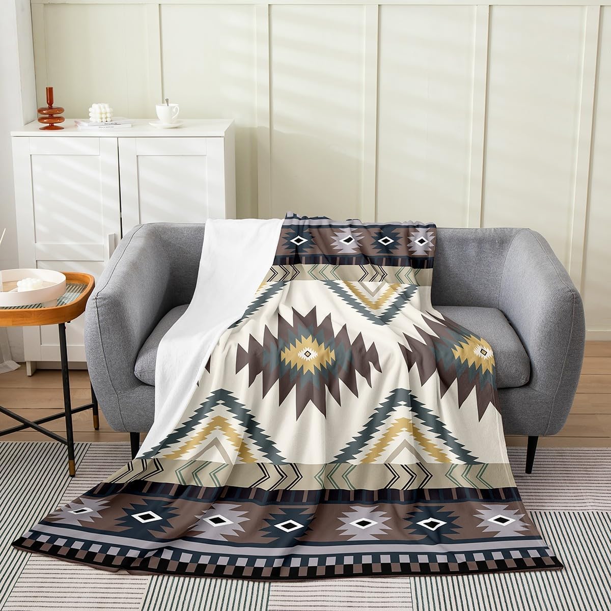 Feelyou Rustic Southwestern Flannel Fleece Throw Blanket Twin 60"x80" Kids, Stitched Western All Season Bed Blanket for Sofa Couch, Tribal Native Brown Fuzzy Blanket, Plush Blanket Room Decor
