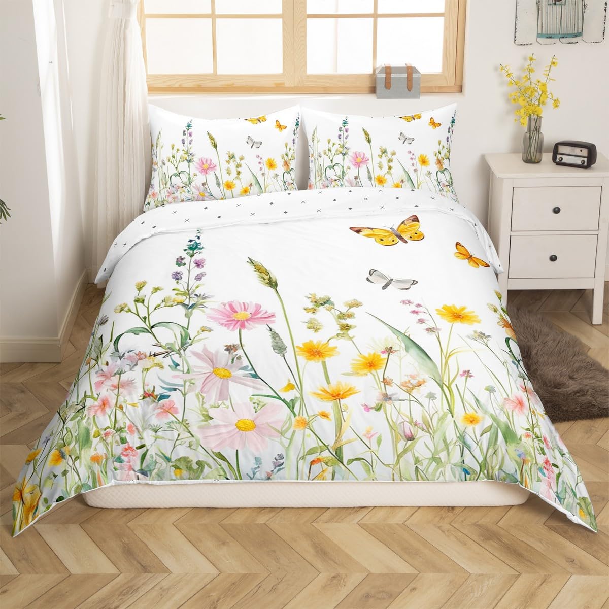 Homemissing Yellow Flowers Pattern Duvet Cover Set Double Size for Girls Adults Women Kids Butterflies Print Bedding Set Garden Flower Comforter Cover with 2 Pillowcases Nature Theme Zipper - Image 2
