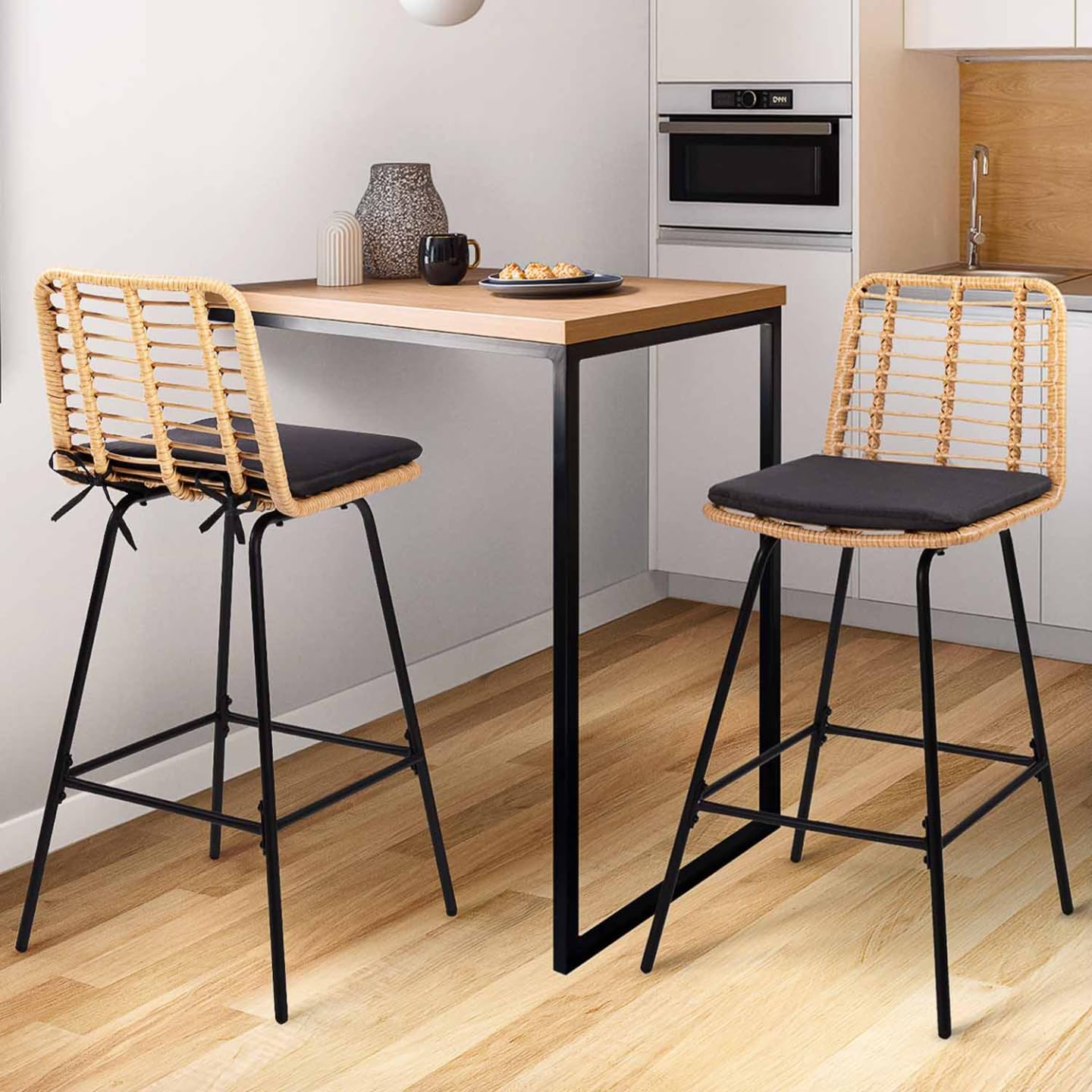 IDMarket - Lot de 2 tabourets de Bar Summer Effet rotin Pied métal Noir