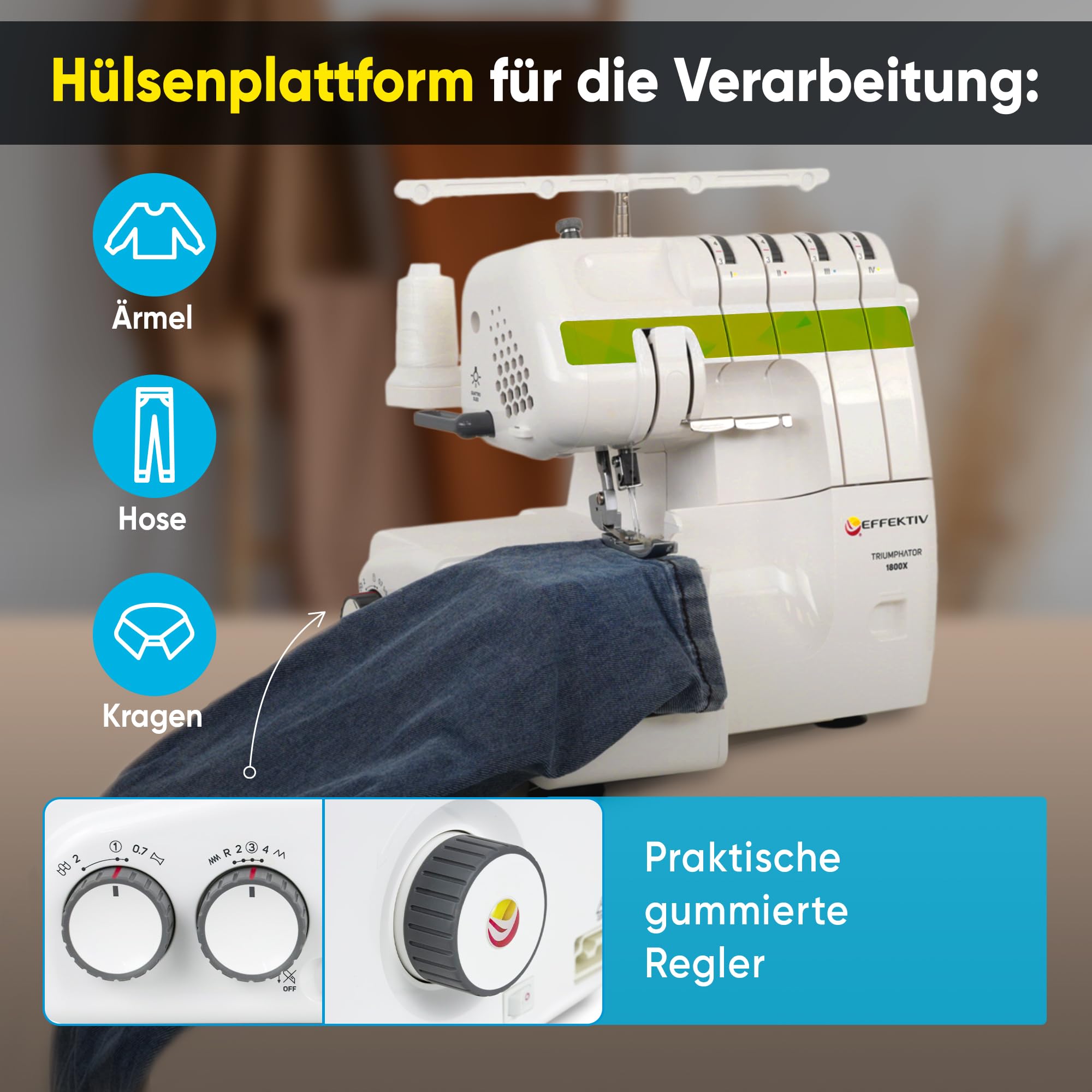 Triumphator 1800X Overlocker, Overlock-Nähmaschine, 2/3/4 Faden mit Differential, Vollmetallgestell, 20 Stiche, automatisches Einfädeln, 120W Leistung-1350 Stiche/min, Fußpedal (Grün)