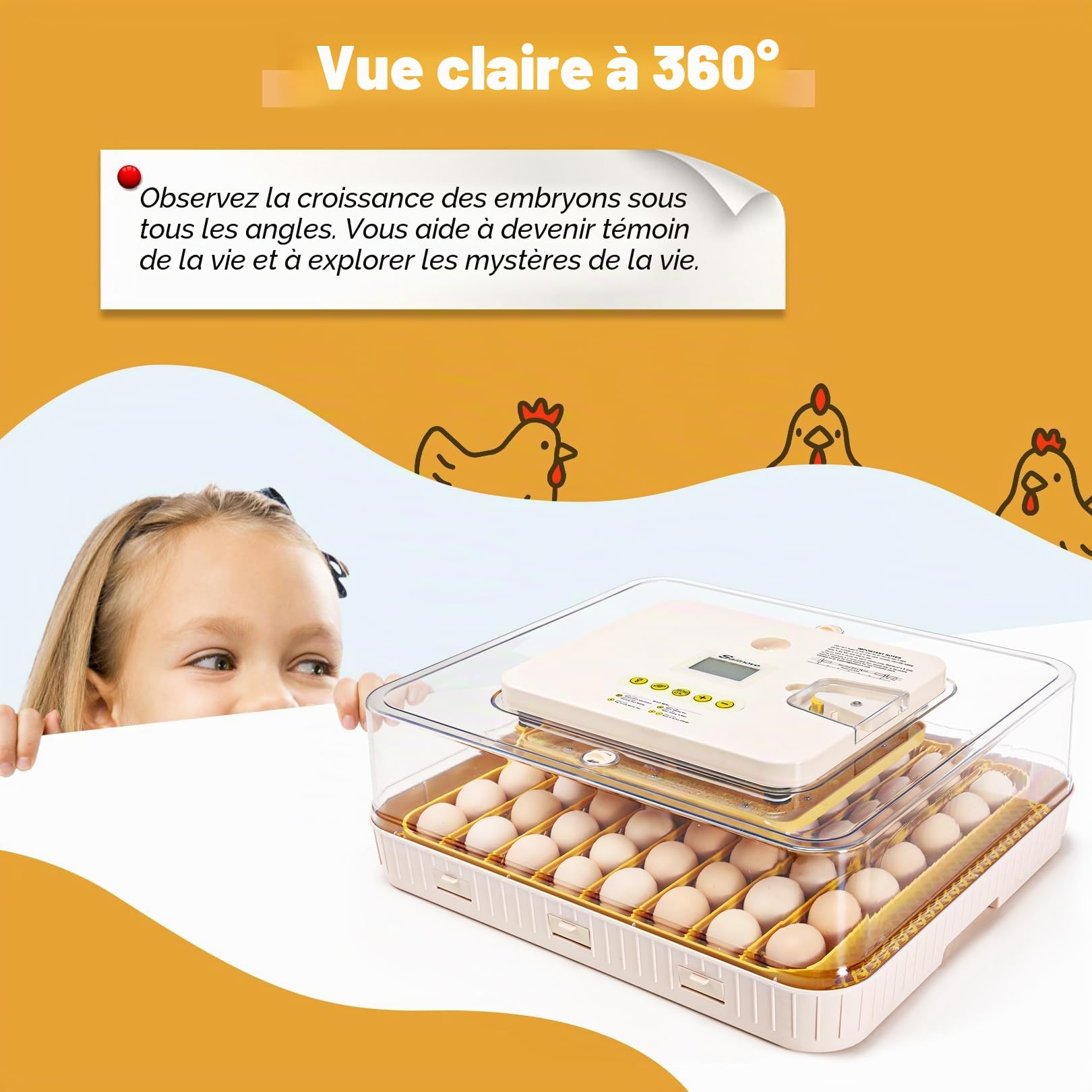 Sailnovo Couveuse Automatique pour 56 Œufs, Couveuse Oeuf Poule avec Retournement Automatique des Œufs, Contrôle de Température et Ajout Automatique d'Humidité, Jaune
