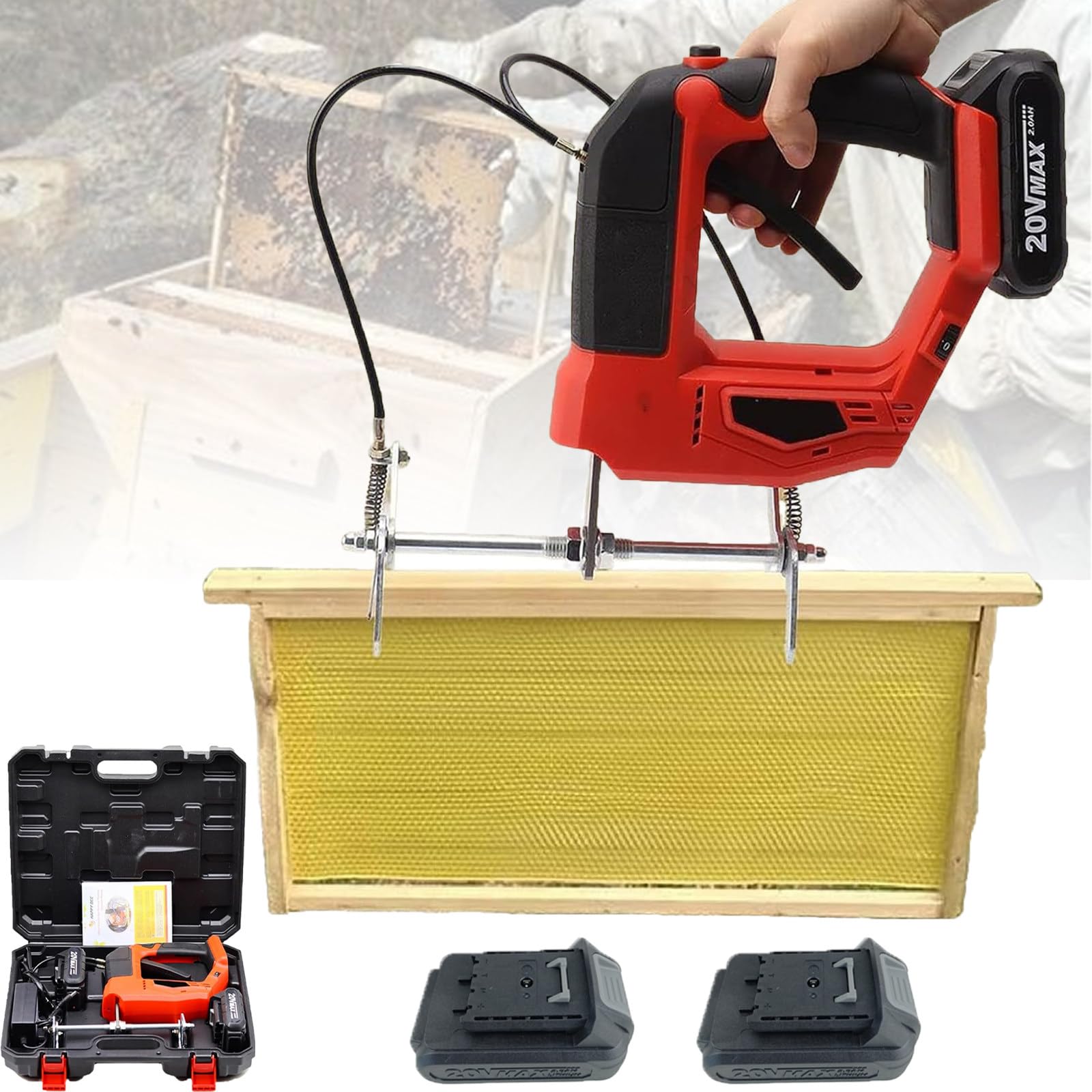 Atwynd Cordless Electric Bee Shaker, Portable Bee Remover, Beehive Frame Shaker Red-2batteries