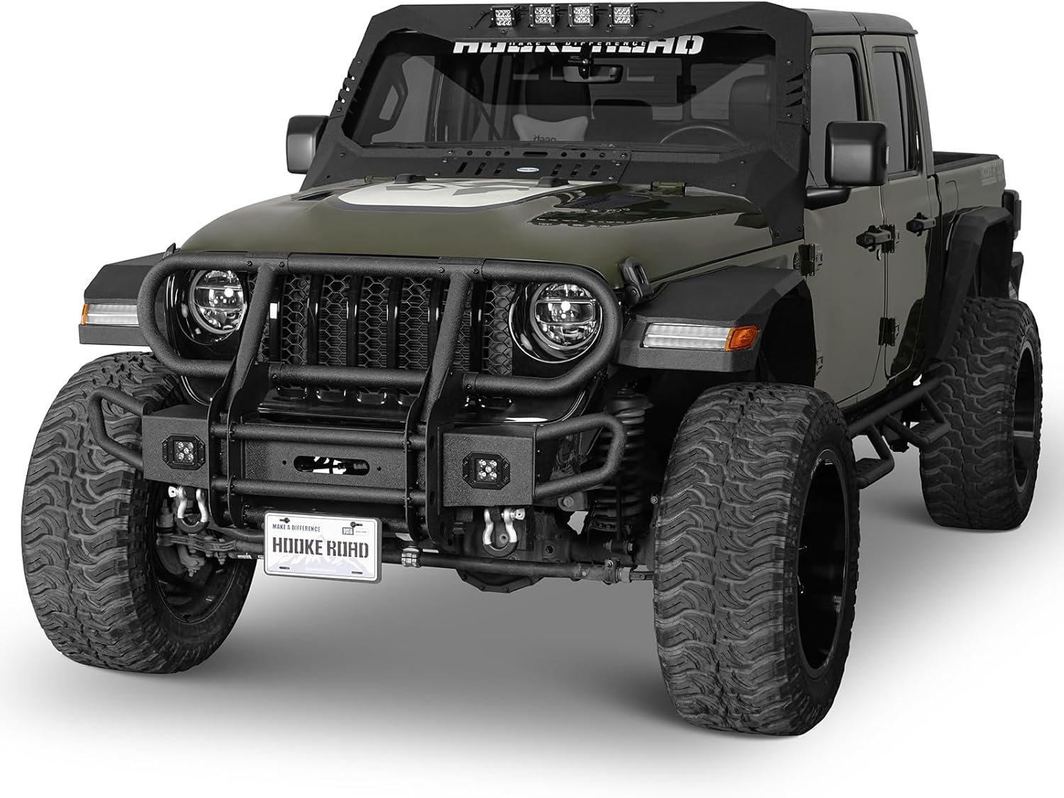 Hooke Road Front Bumper Grille Brush Guard for 2018-2026 Jeep Wrangler JL & Gladiator JT, Stubby Tube Bumper with Winch Plate, Bright Lights and D-rings