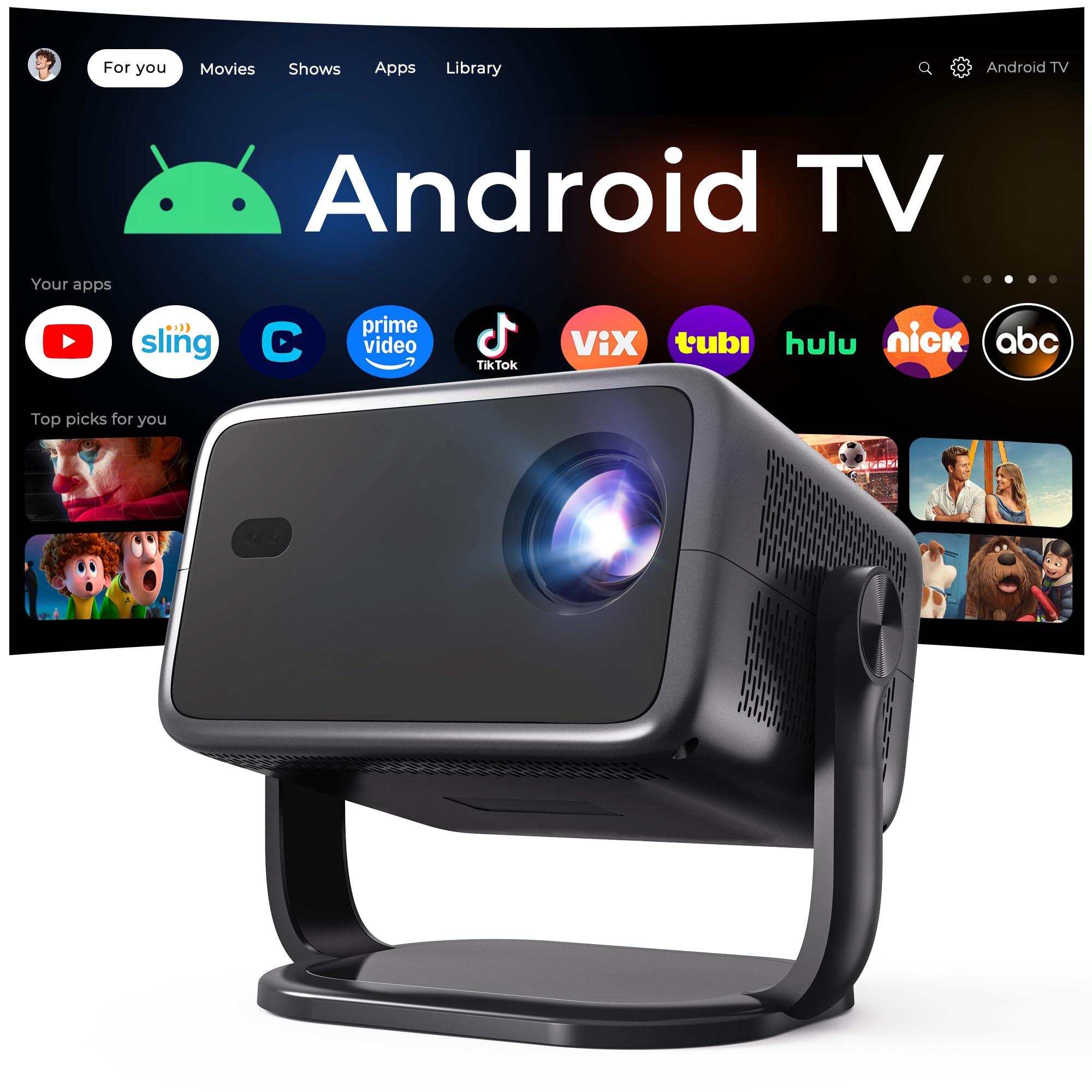 Proyector Inteligente 1080P Nativo 800 ANSI, Android 14, Soporta 4K/8K, Control Remoto Air Mouse, Enfoque y Corrección Automáticos por IA, WiFi 6 y BT 5.4, Audio Hi-Res, Compatible con Netflix