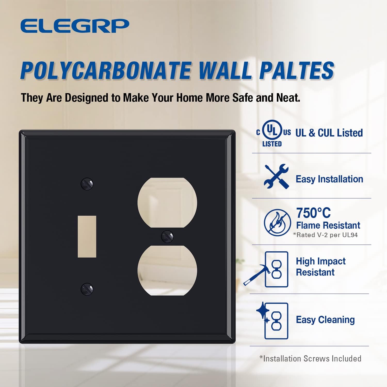 Combination Wall Plate ELEGRP 1-Toggle Light Switch 1-Duplex Receptacle Outlet Combination Wall Plate Cover, Mid-Size 4.88" x 4.94" Unbreakable Thermoplastic Faceplate Cover, UL Listed (1 Pack, black)
