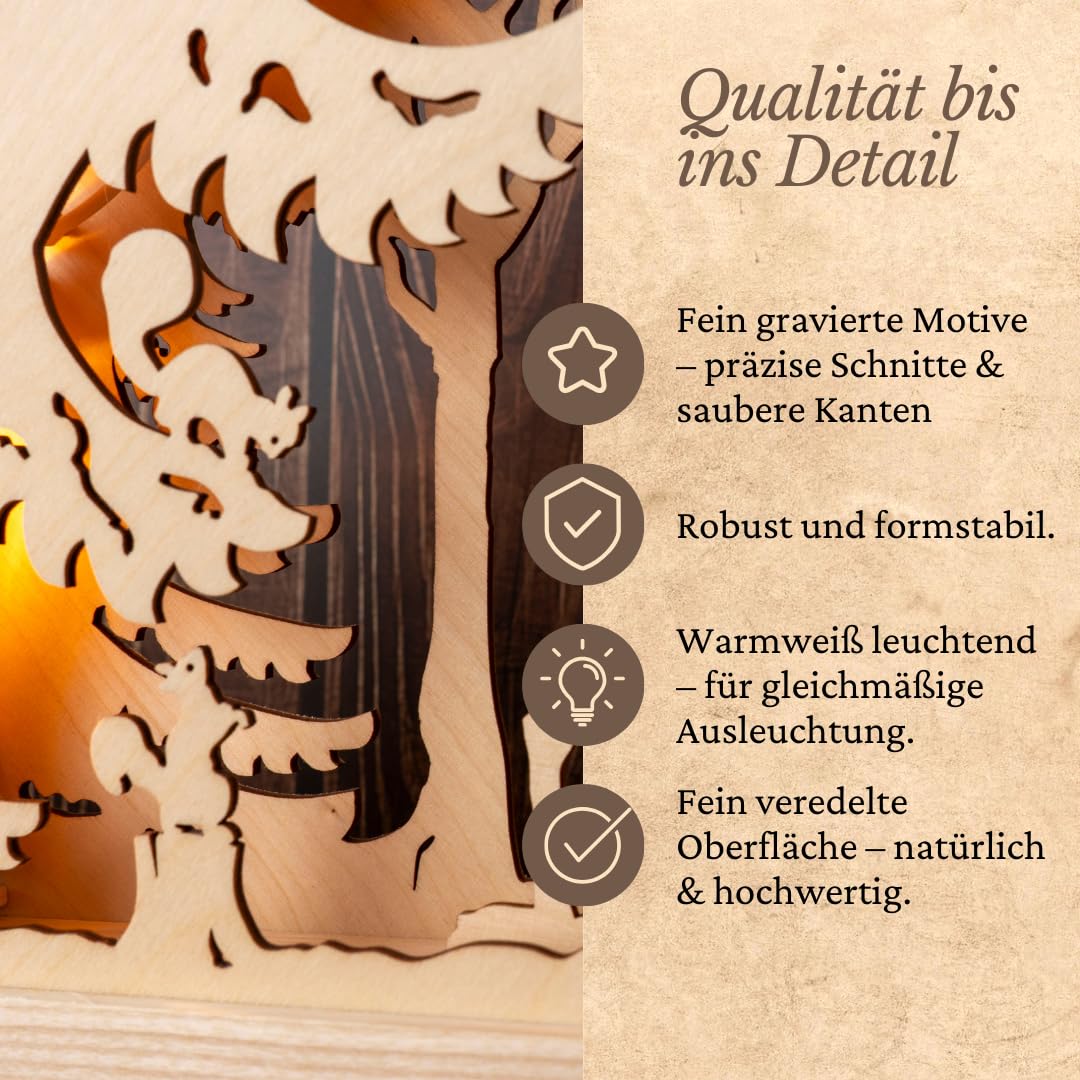 WEIGLA - Schwibbogen original Erzgebirge I Lichterbogen Weihnachten I Motiv Hirschfamilie I 7 Lampenkerzen + 1 Ersatzlampe I 7 x 34 V, 3 W, E10 I beleuchtete Weihnachtsdeko innen