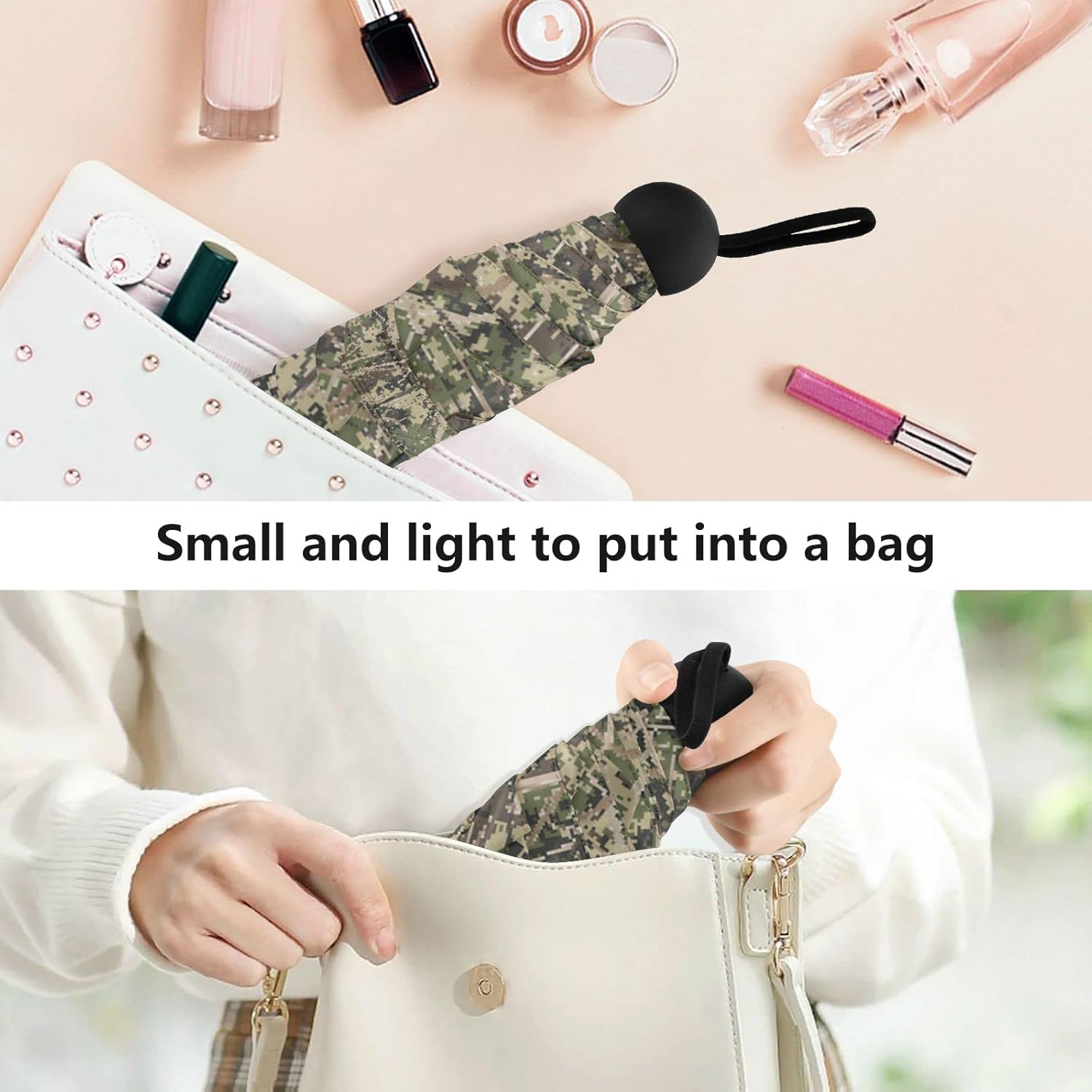 MRMIAN Green Military Camouflage Camo Grunge Folding Umbrella for Rain Sun Travel Mini Lightweight Compact Umbrellas - Image 5