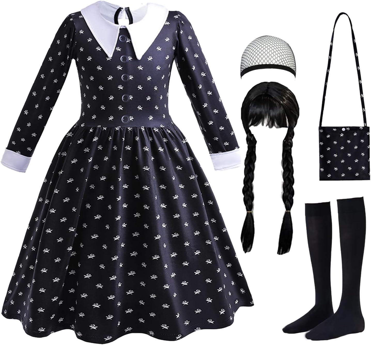 Black Costume Girls with Wig Socks Kids Toddler Black Family Dress Halloween Cosplay Outfits Black and White 2-3T