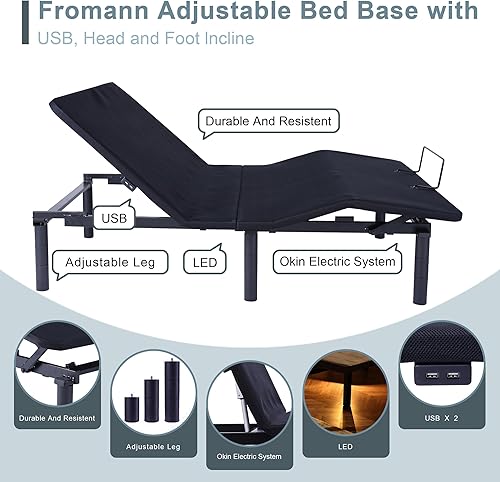 Miniatura 5 de Fromann Base de cama Queen ajustable con puertos USB, gravedad cero, iluminación LED debajo de la cama y tres alturas de patas, sin herramientas