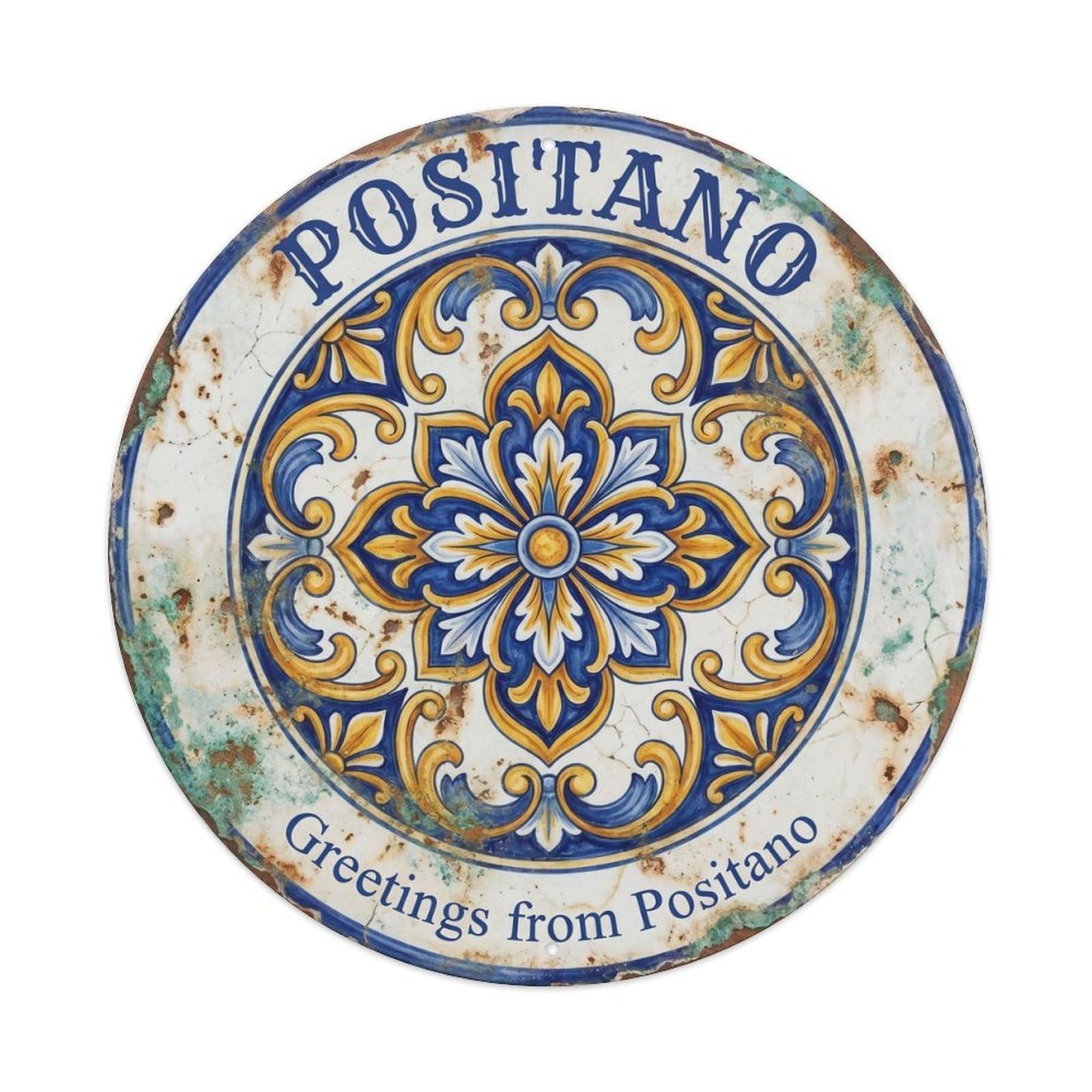 Mediterranean Positano Italian Seaside Amalfi Coast Metal Tin Sign Plaque Wall Decor for Cafe, Man Cave, Club Bar, Office, Home Garden Round Metal Poster 8x8Inch