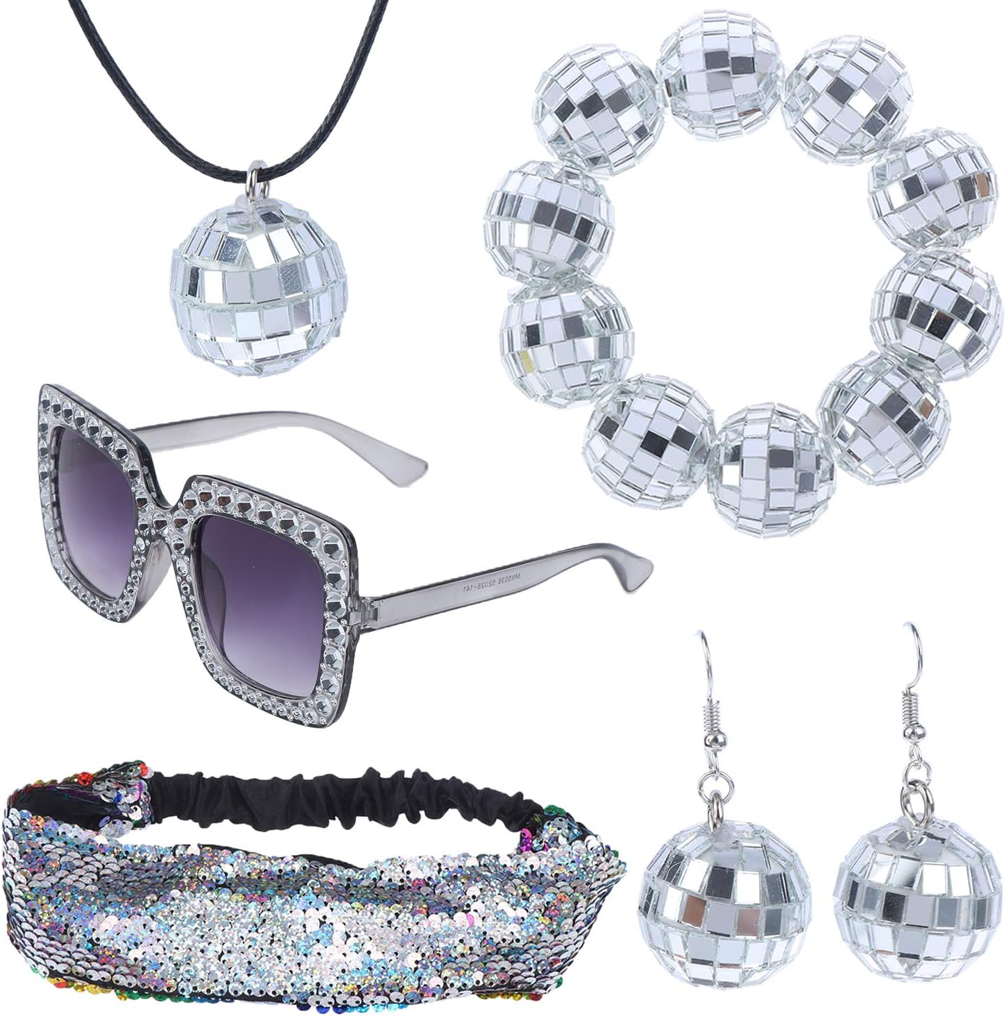 Ujuuu 5 Pieces 1970s Disco Accessories Disco Set Ball Earrings Necklace Bracelet Bling Headband and Sunglasses for Women