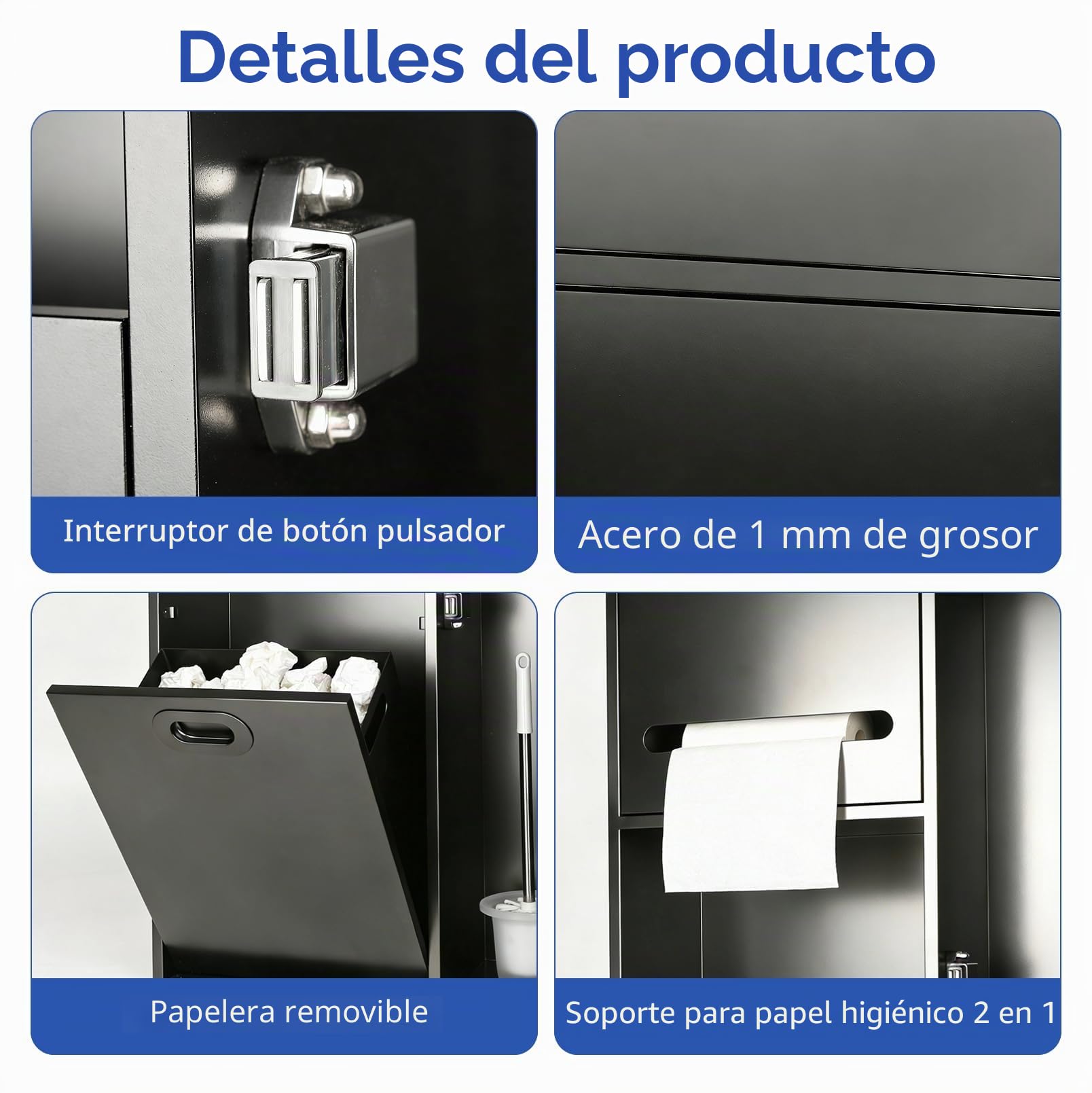 Portarrollos de Papel Higiénico Empotrado 3 en 1 | Nicho de Acero Inoxidable con Porta Pañuelos, Papelera y Armario para Escobillas de Baño para Baños y Aseos