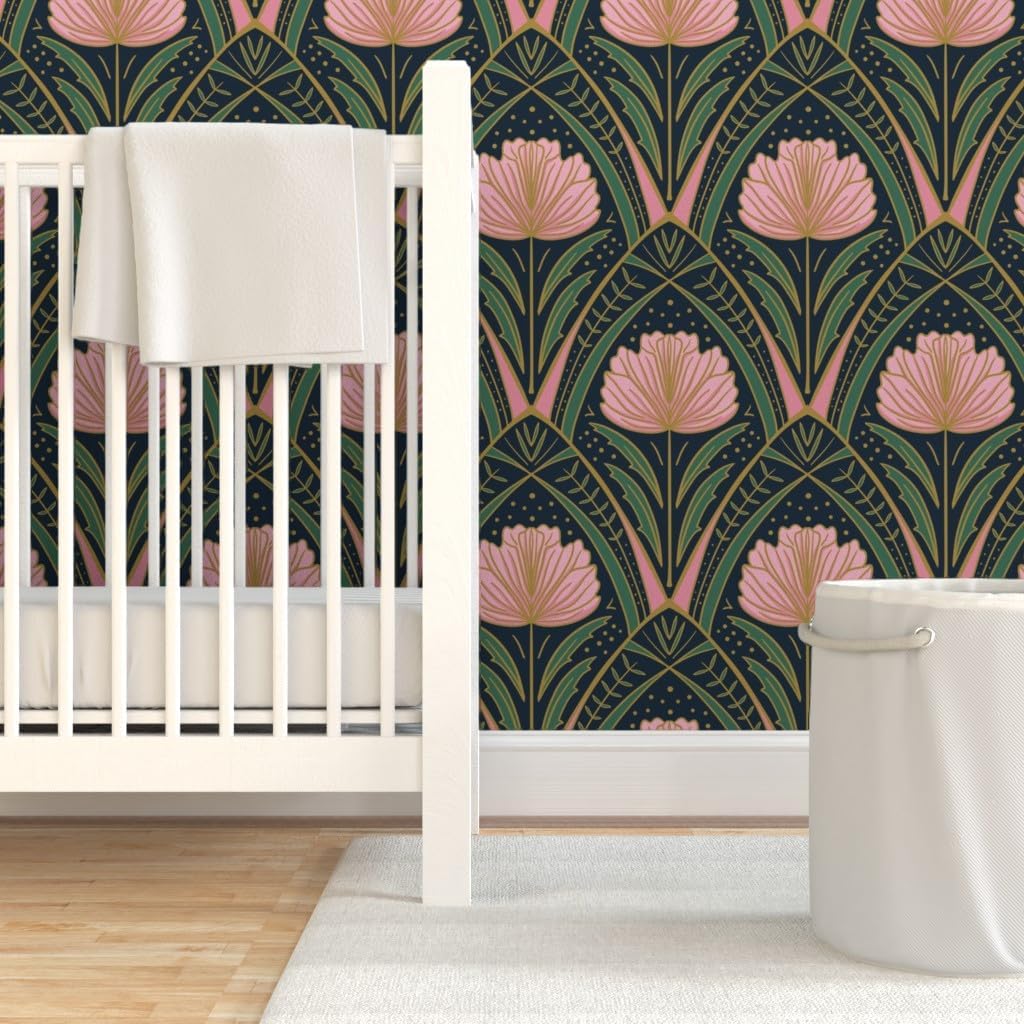 Spoonflower Peel & Stick Wallpaper 3ft x 2ft - Art Deco Peony Dark Blue Pink Green Floral Abstract Botanical Nouveau Custom Removable Wallpaper