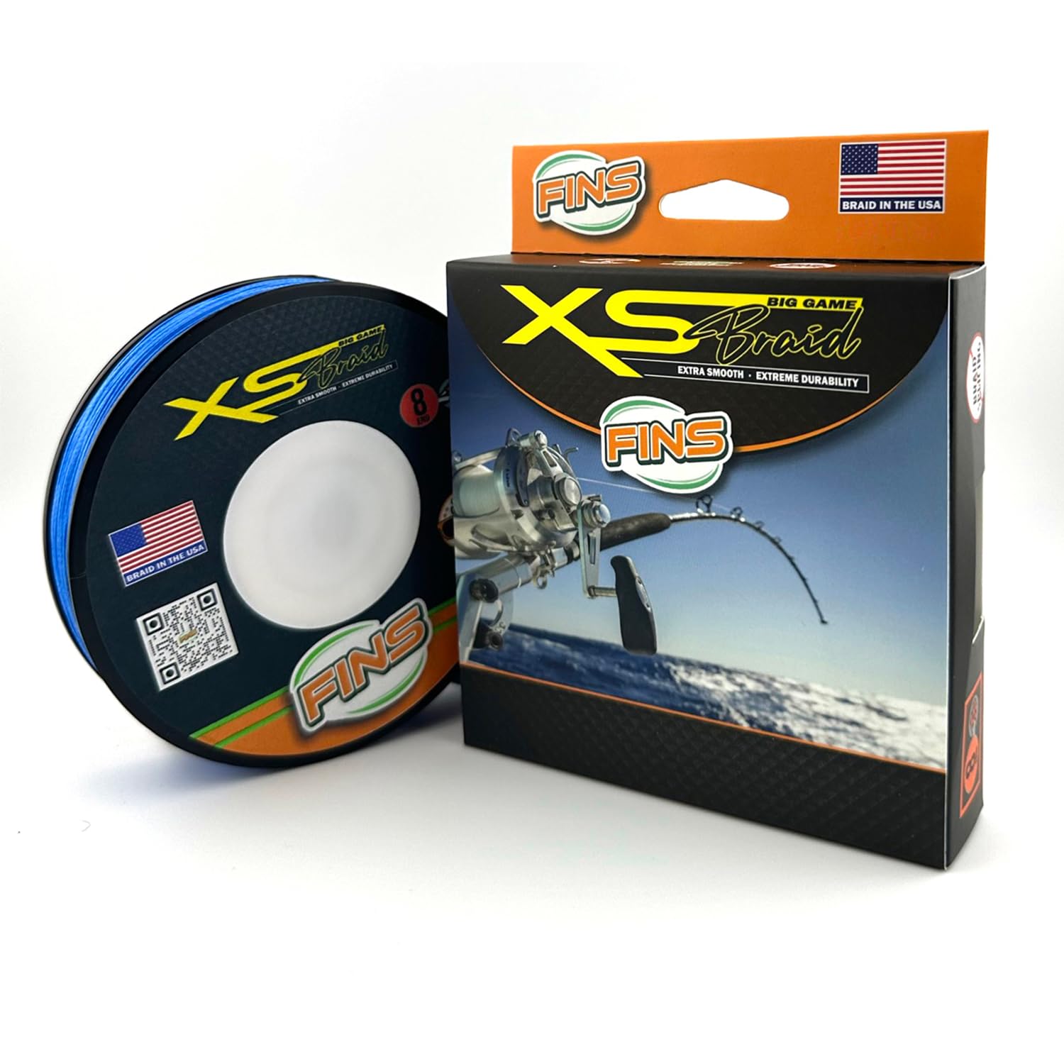 FINS XS Big Game Braid - USA Made - 8-End Round Abrasion Resistant Braided Fishing Line for Freshwater - Saltwater Trolling and Bottom Fishing