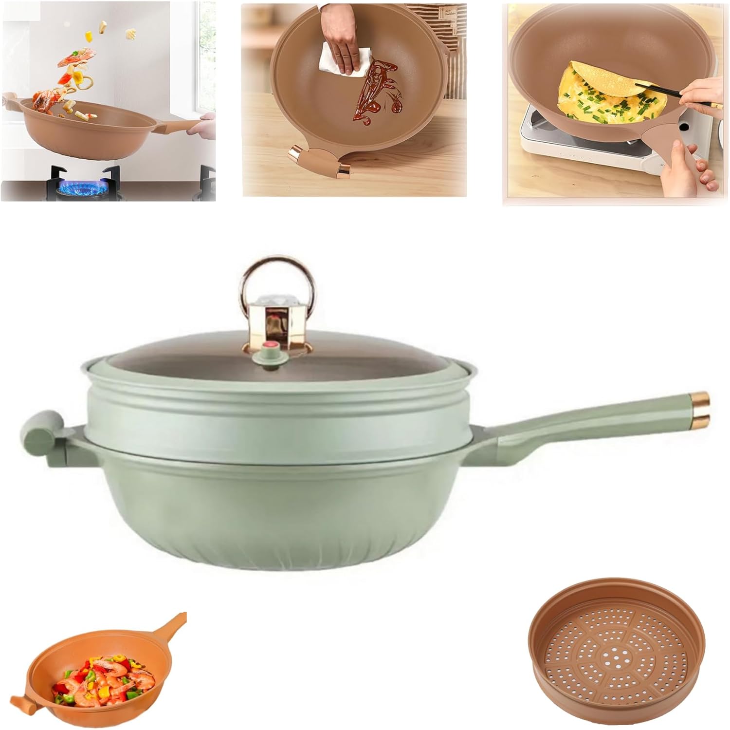 NonStick Clay Wok With Steamer Basket, 2 in 1