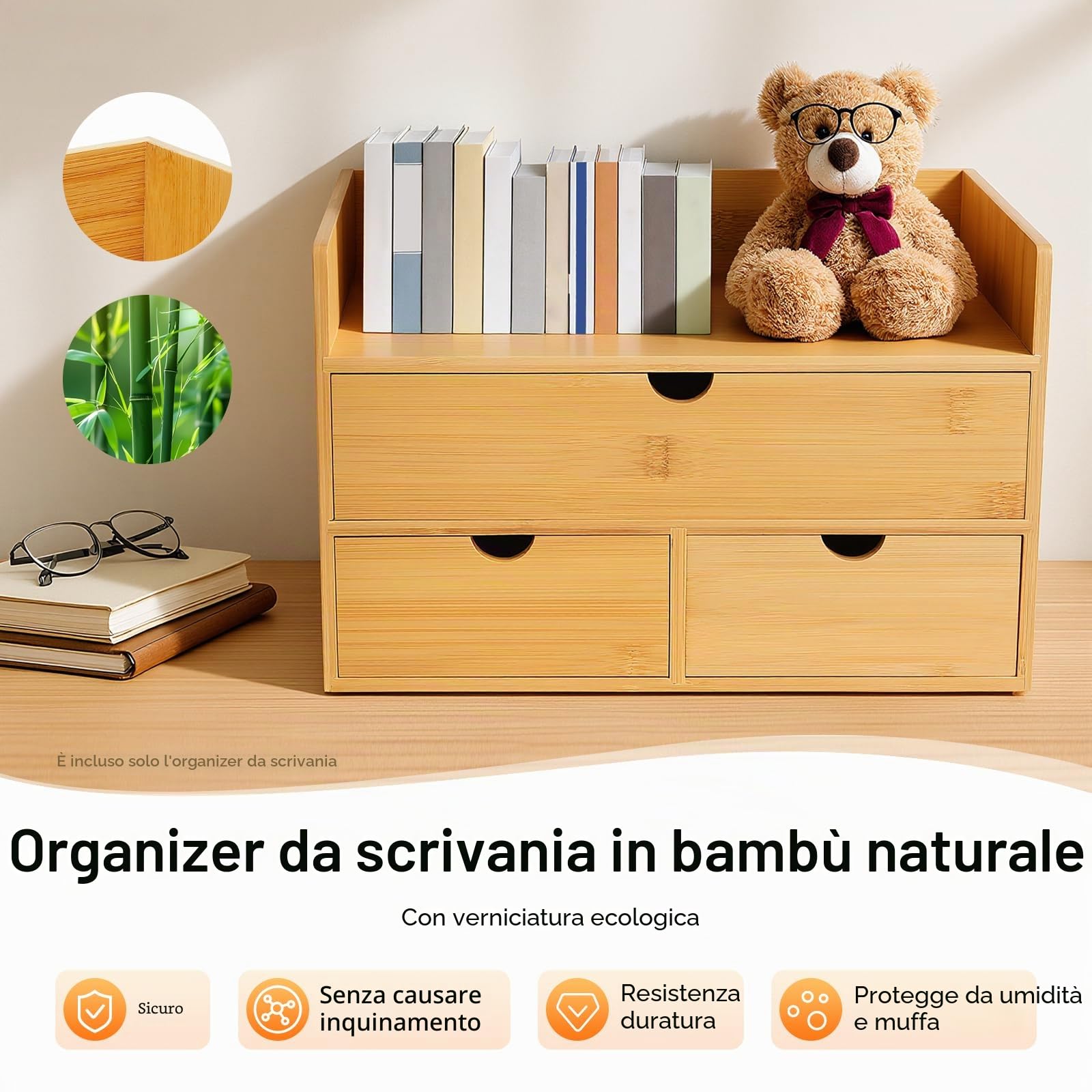 Organizer da scrivania in bambù con 3 cassetti, organizer per cassetti, ufficio, cassettiera naturale, 30 x 19 x 20 cm