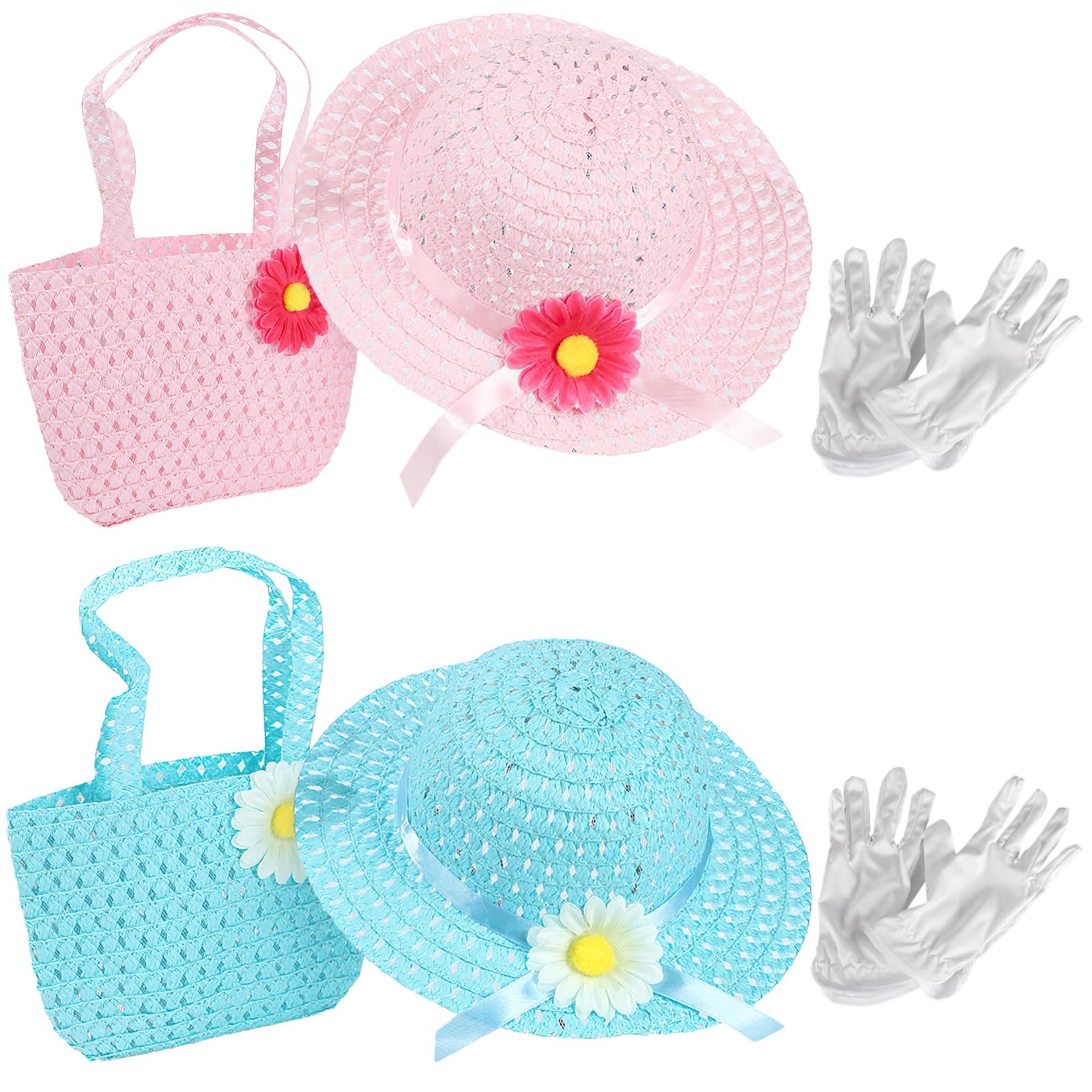 Set di 2 cappelli e guanti per feste da tè, per bambini, cappelli in paglia intrecciata rosa e blu con borse, accessori per vestire accenti floreali, per feste del tè, compleanni e giochi