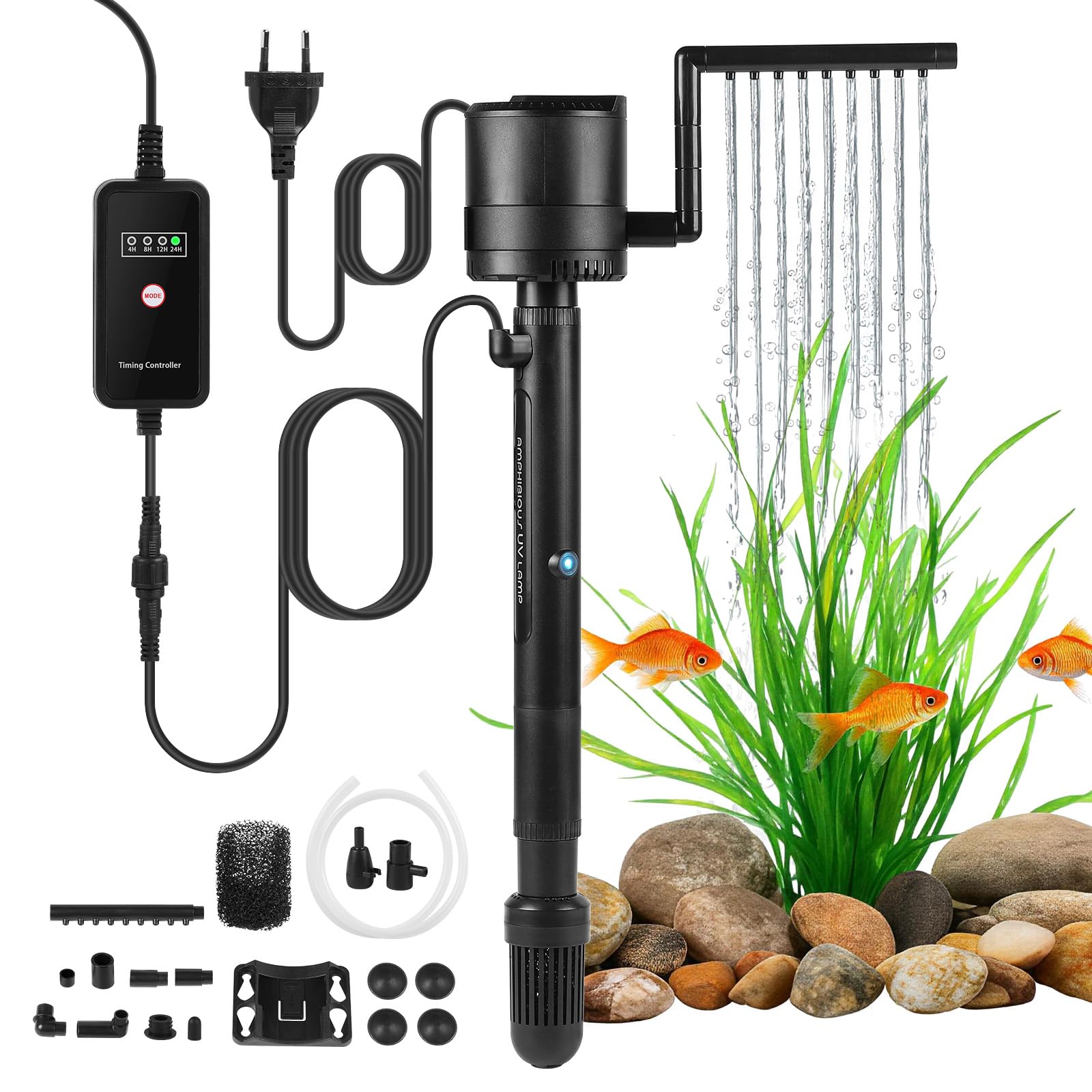SWAWIS 5 in 1 Filtro per Acquario 1200L/H per 60-450L Acquari | con 8W UV Sterilizzatore Lampada e Timer, Pompa Acquario per Filtrazione Aerazione Sterilizzazione, Uso Doppio Acqua e Terra