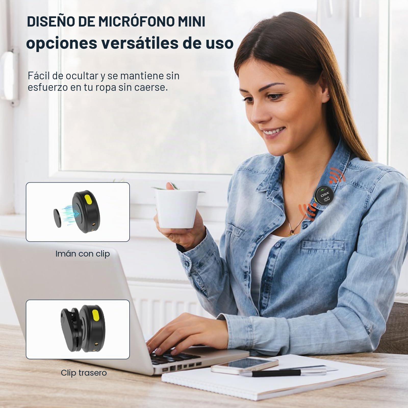OSA Micrófono inalámbrico para iPhone, cámara Android, Mini micrófono con reducción de Ruido, microfono inalambrico Solapa para iPhone 15/16, grabación de Video, Vlog, Tk, Estuche de Carga de 40 H