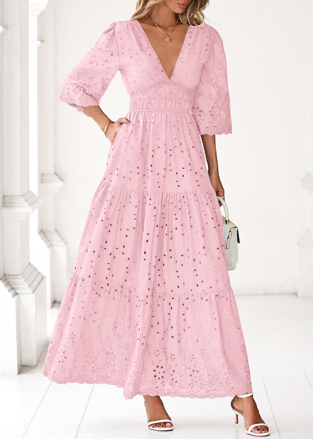 Lazysmile Long Sleeve Dresses for Women V Neck Hollow Out Eyelet Ruffle Swing A-Line Fall Vacation Boho Maxi Dress - Image 6