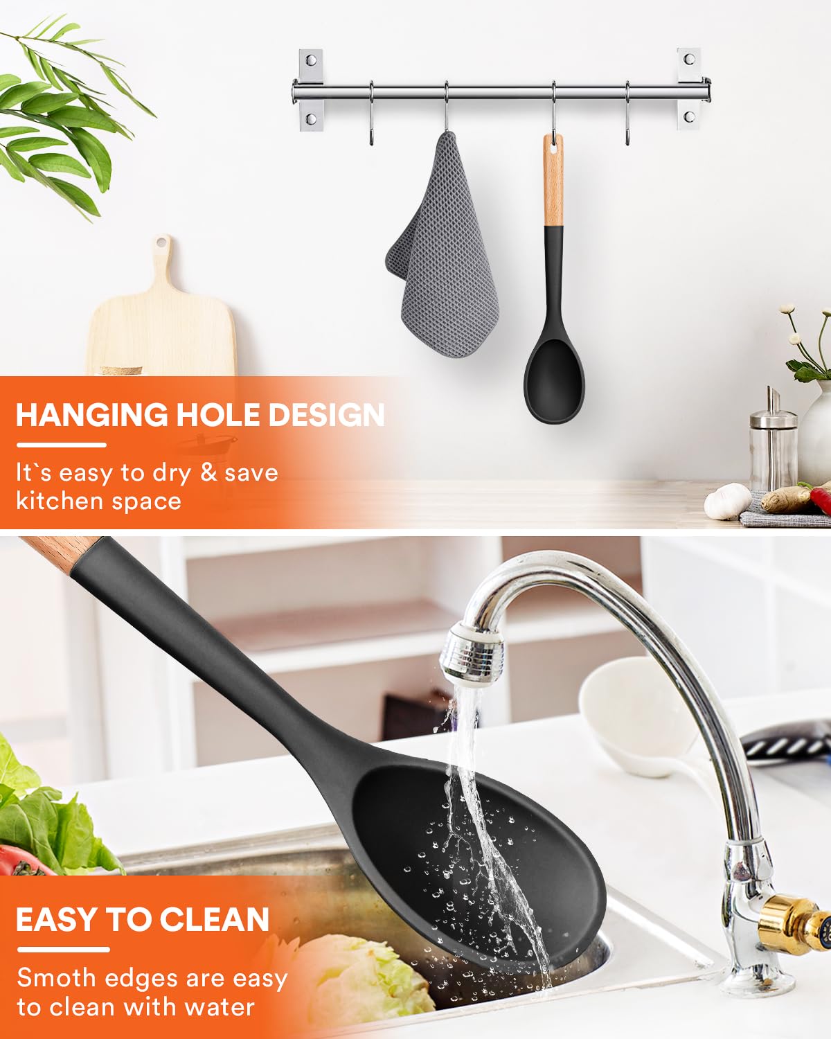 Cucharas de cocina grandes de silicona, cuchara antiadherente con mango de madera maciza, cucharas de cocina de silicona resistentes al calor para cocinar, servir, untar y mezclar, 13.2 pulgadas,