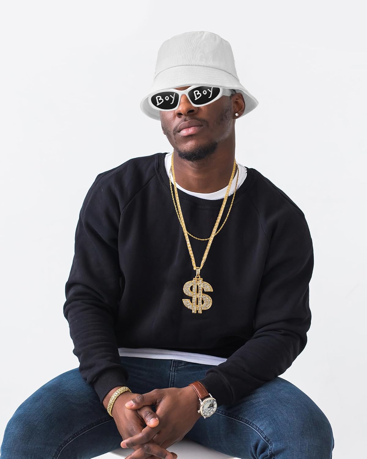 Yahenda 4 Pcs Hip Hop Rapper Costume 2000s 80s 90s Accessories Kit Sunglasses Hat Chain Outfit for Adults - Image 4