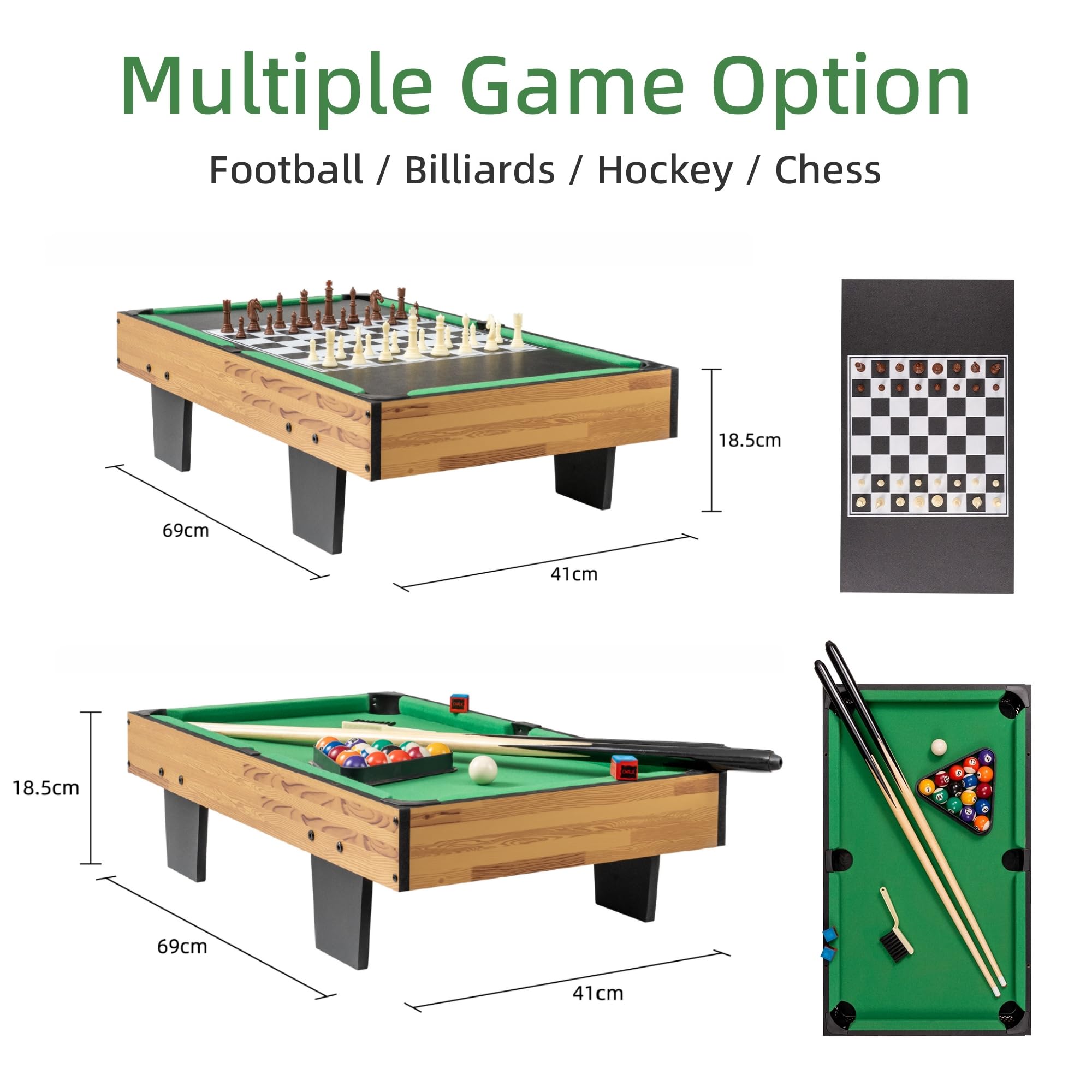 4 in 1 Multitisch Spieltisch für Kinder & Erwachsene - Mini Tischkicker, Billard, Airhockey & Schach - Platzsparendes Kombi Tischspiel Set für Familie & Party (69x41cm)