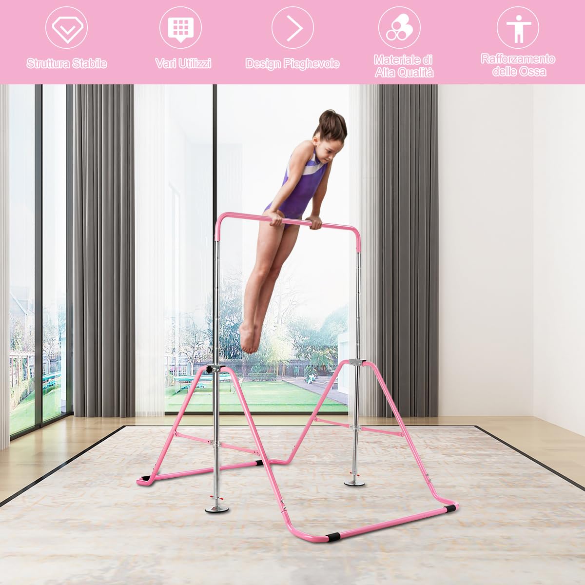 COSTWAY Sbarra Ginnastica Artistica Pieghevole, Altezza Regolabile 90-142 cm, Barra per Ginnastica per Bambini