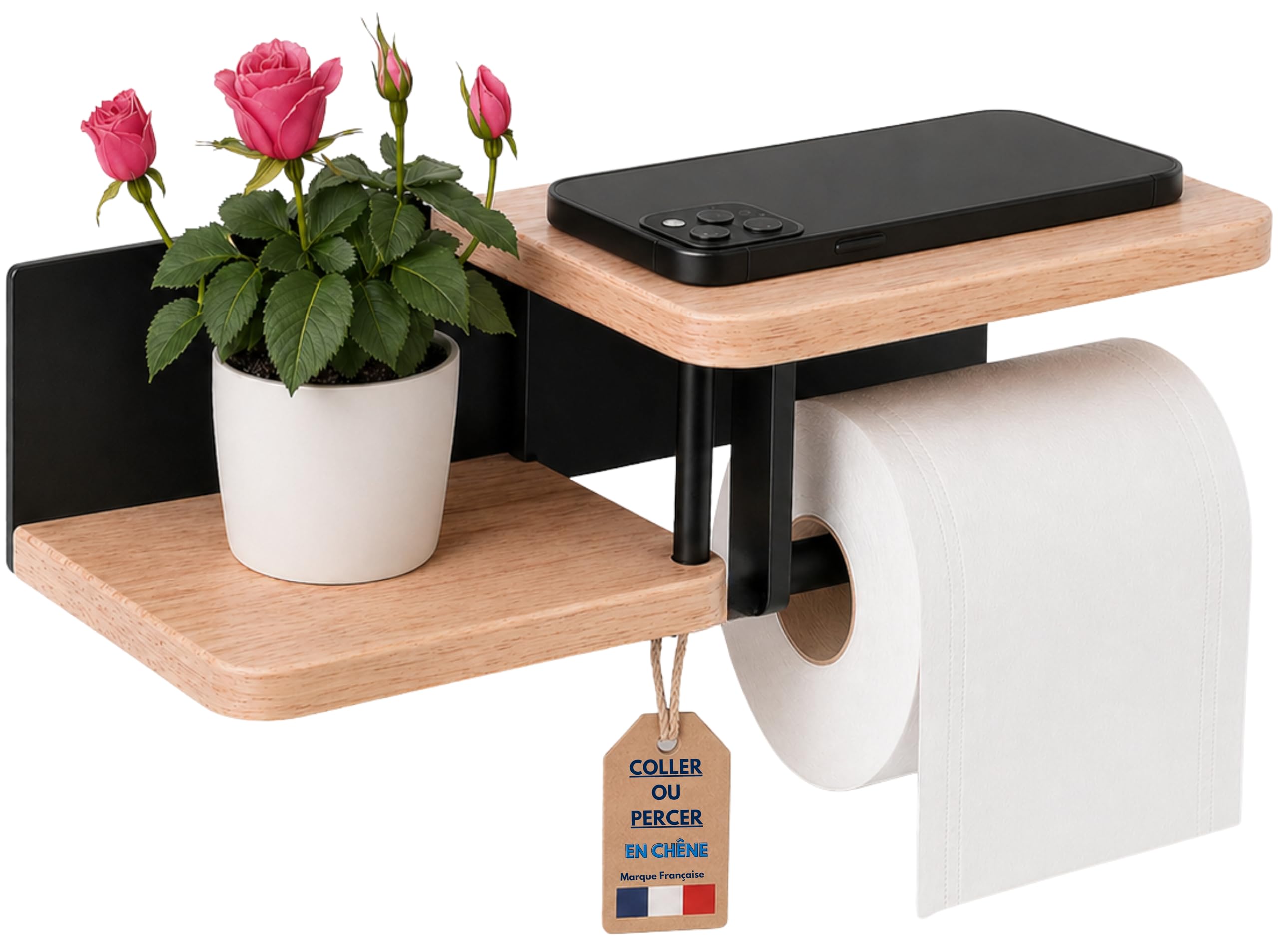 Porte Papier Toilette Mural de qualité supérieure en Bois de chêne Véritable et Acier Inoxydable | [sans Perçage] | Design Moderne | Déja Assemblé | Dérouleur WC avec Doubles Étagères