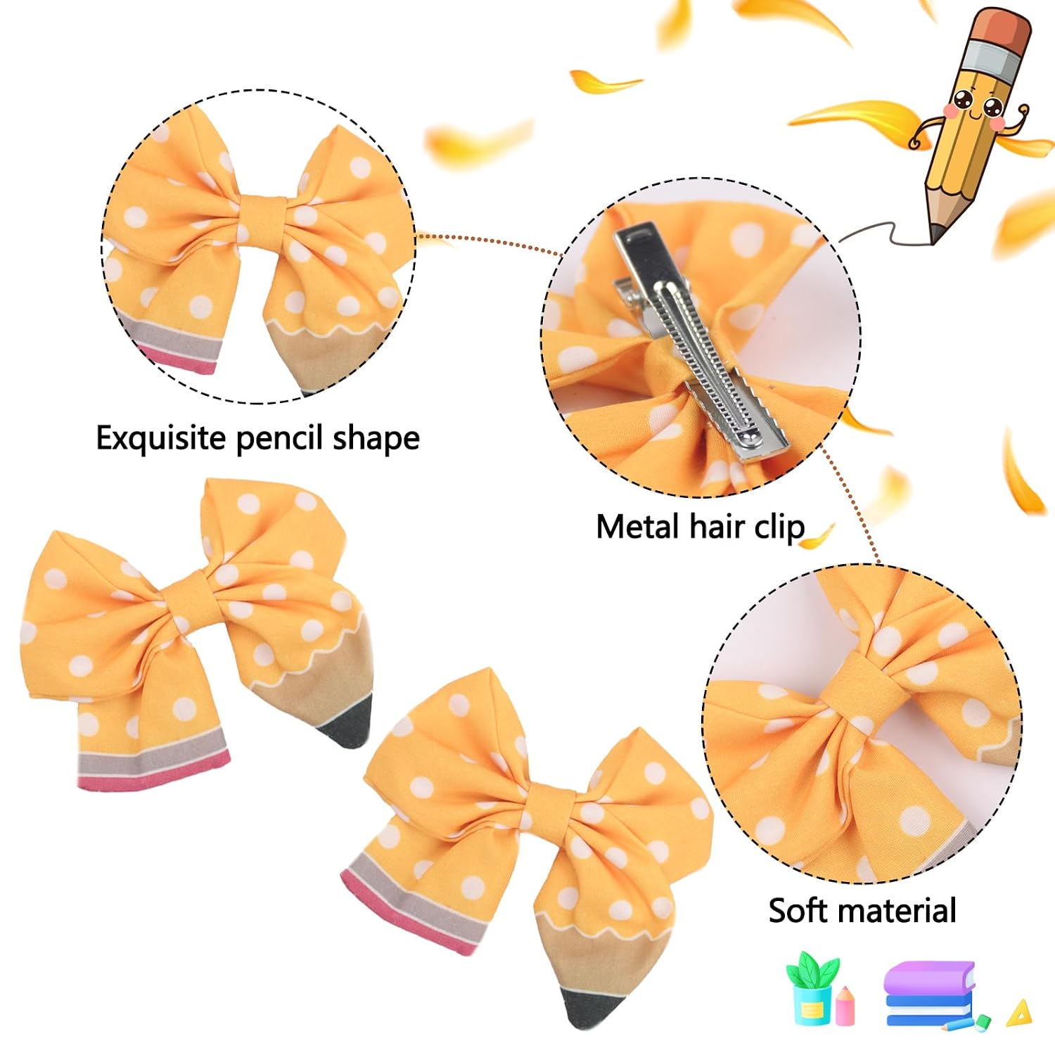 Pencil Hair Bow Clips for Girls Back to School Hair Accessories Yellow Bows Polka Dot Hairpins Back to School Supplies Yellow Pencil Clips for Kindergarten Students Toddler Teacher 2Pcs image 3