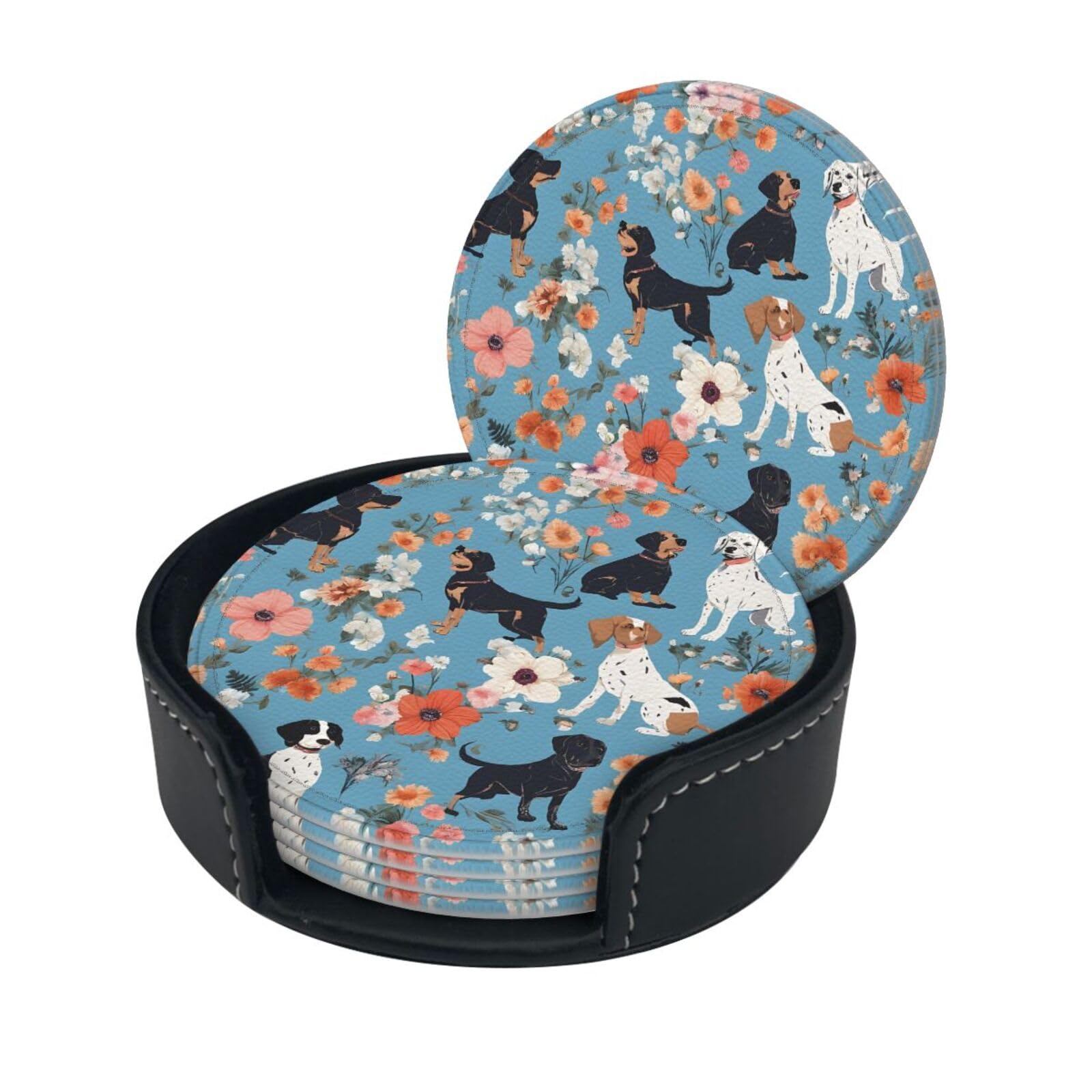 Border Collie Florals Print Coaster,Round Leather Coasters with Storage Box for Wine Mugs,Cold Drinks and Cups Tabletop Protection (6 Piece)