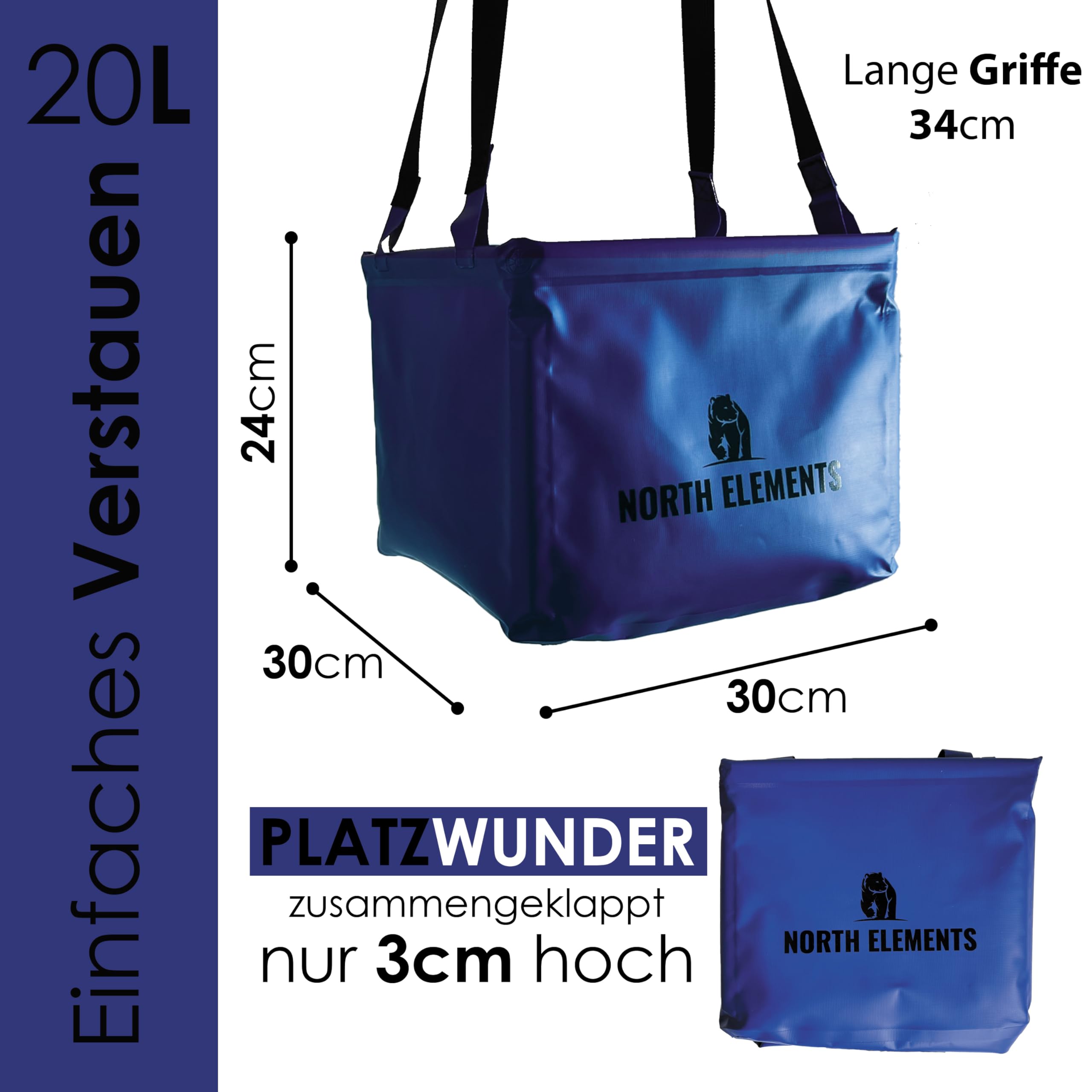 North Elements Bassine pliable 20 l | Bassine de camping pliable en tissu de bâche robuste | Utilisation polyvalente comme bac à vaisselle ou seau | Parfait pour le camping et l'extérieur (bleu)