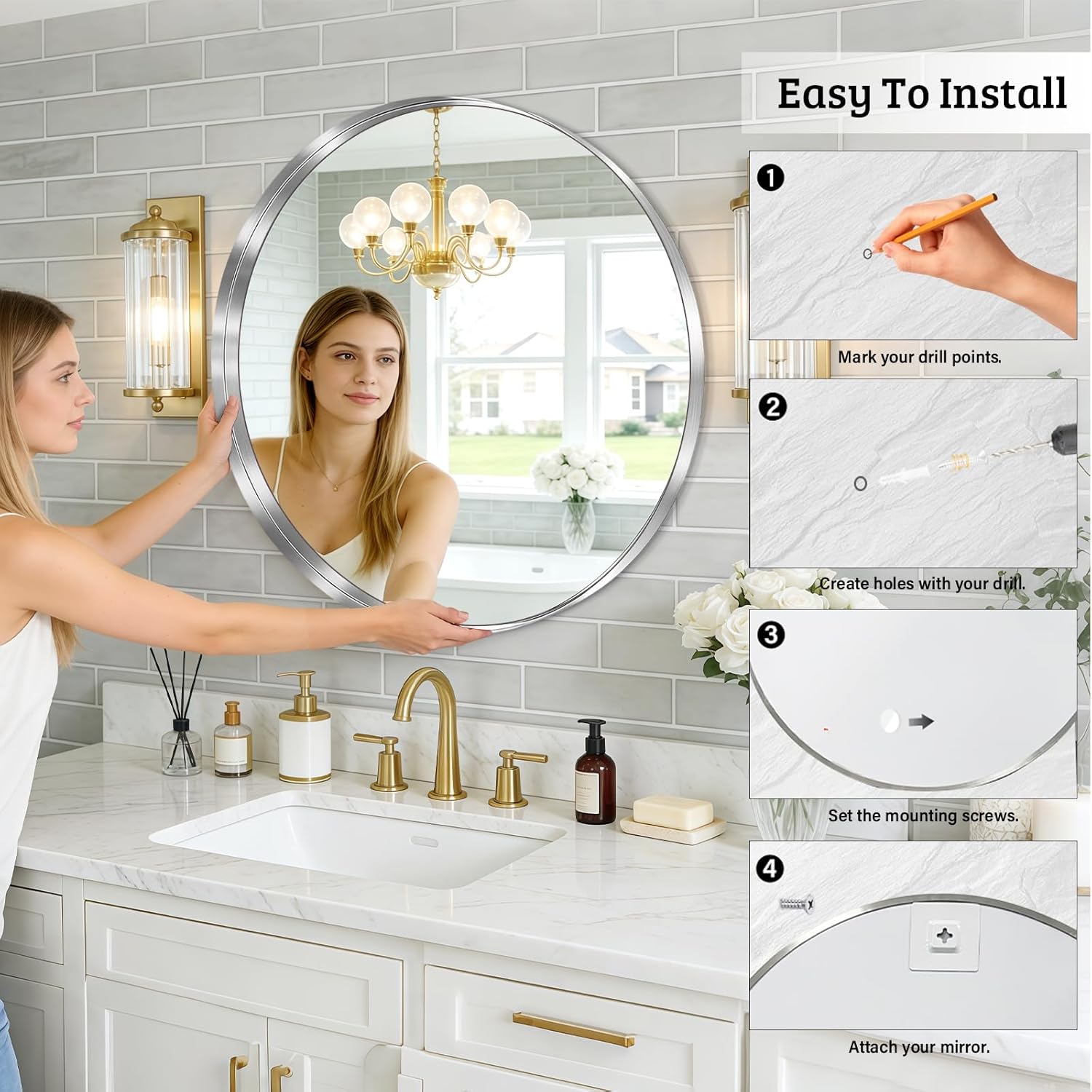 28-Inch Brushed Nickel Silver Wall Mounted Round Mirror, Glass Panel Circle Deep Set Design Stainless Steel Framed for Bathroom, Entryways, Living Rooms